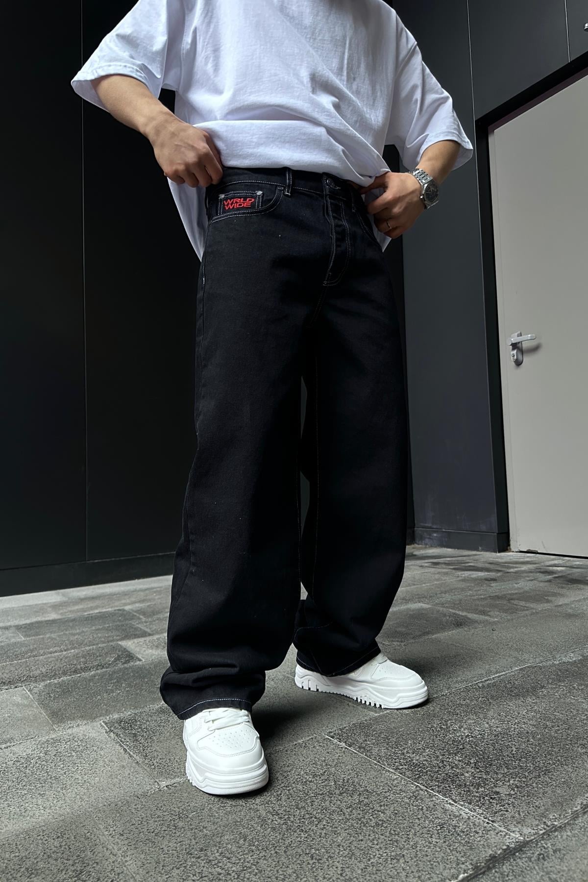 Man Cep Nakışlı Siyah Baggy Jean P861