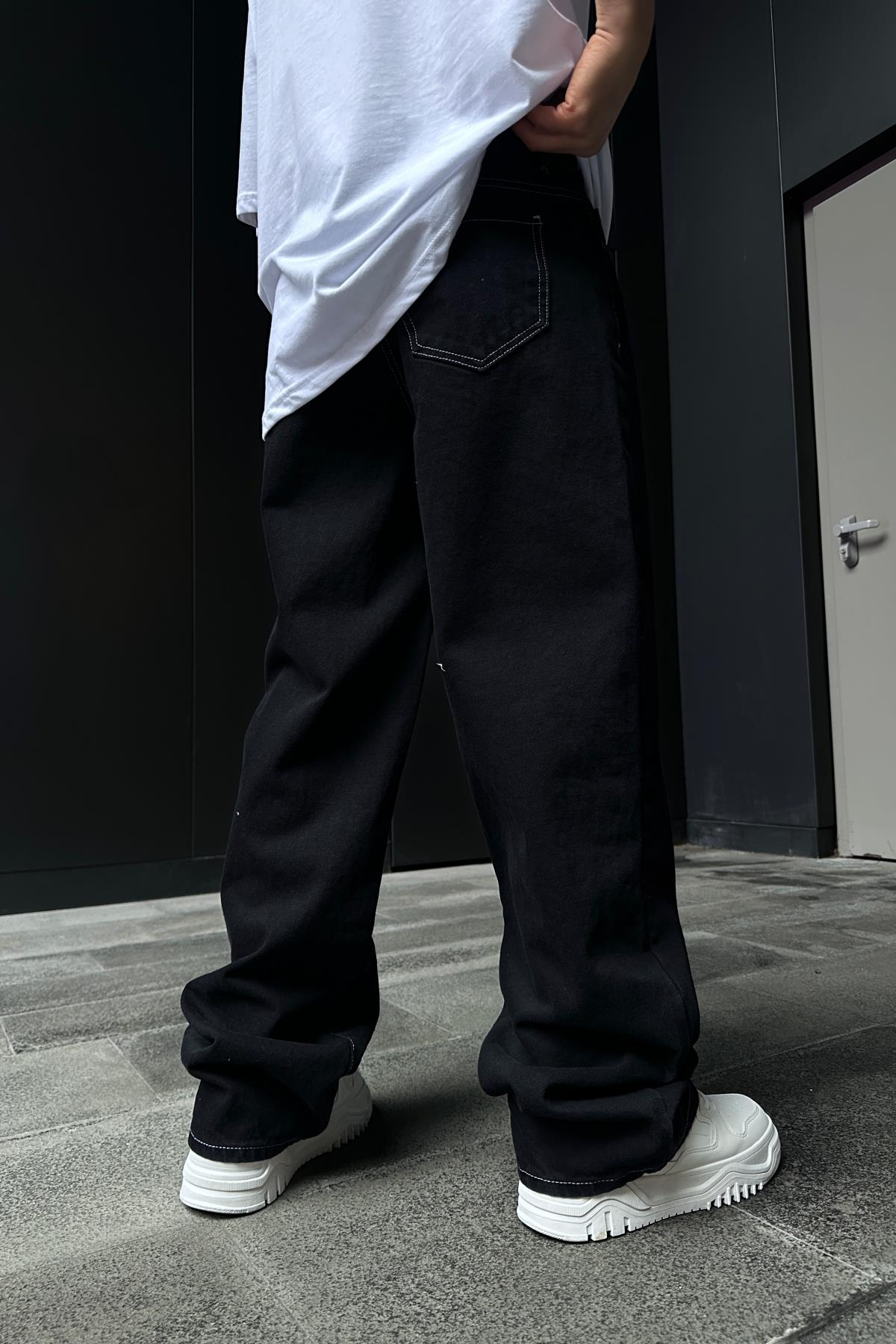 Man Cep Nakışlı Siyah Baggy Jean P861