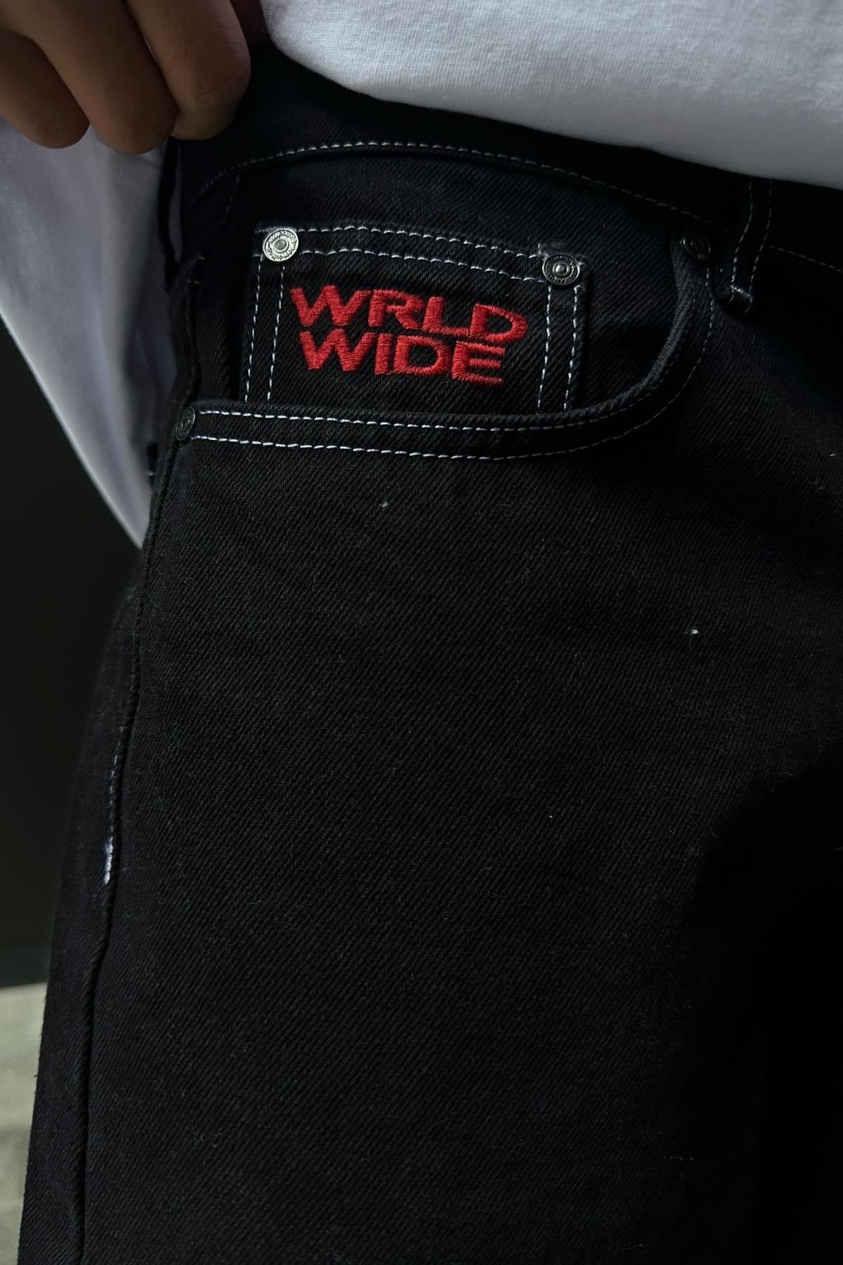 Man Cep Nakışlı Siyah Baggy Jean P861