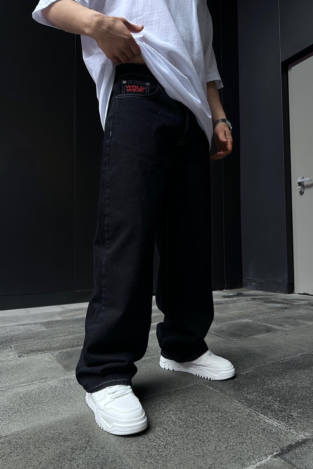Man Cep Nakışlı Siyah Baggy Jean P861
