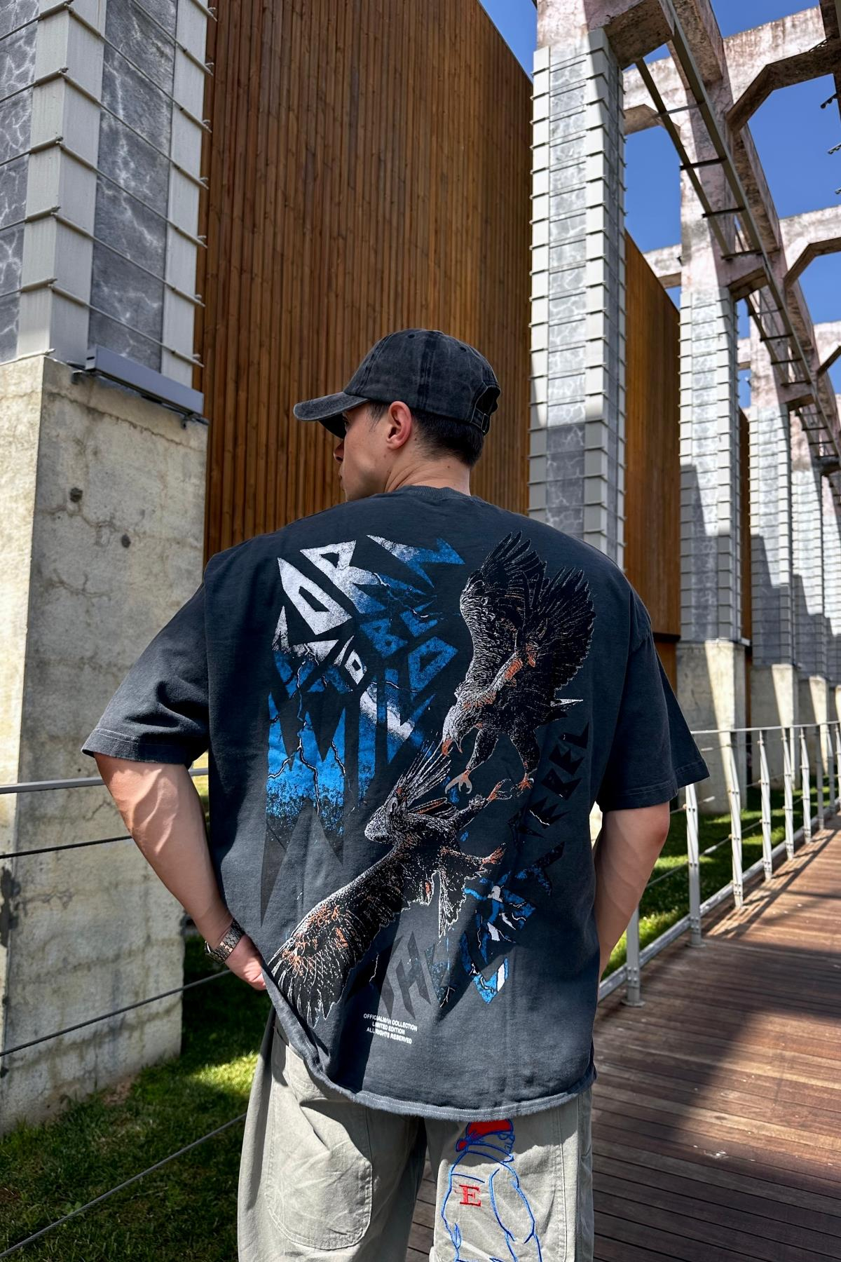 Man Eagle Baskılı Acid Wash Oversize Tshirt  T1144