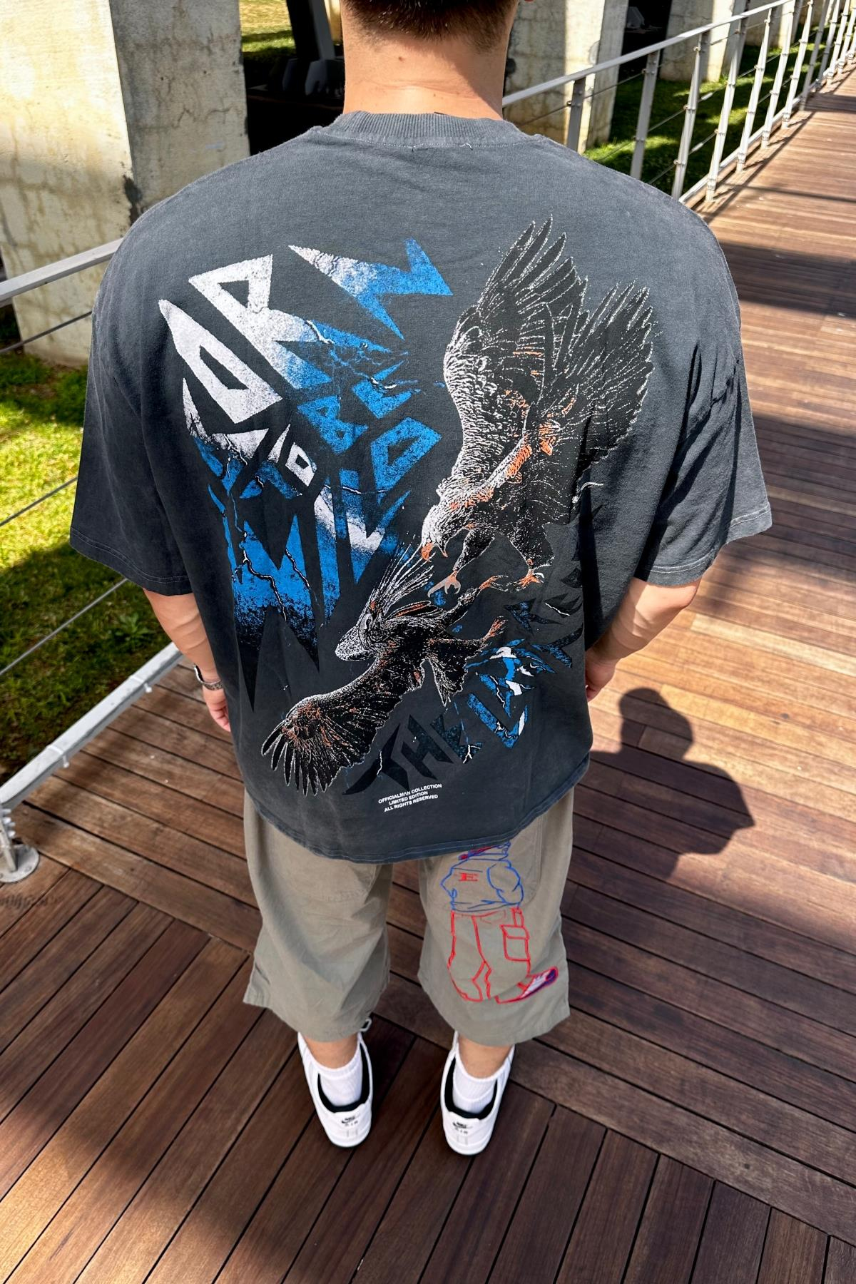 Man Eagle Baskılı Acid Wash Oversize Tshirt  T1144