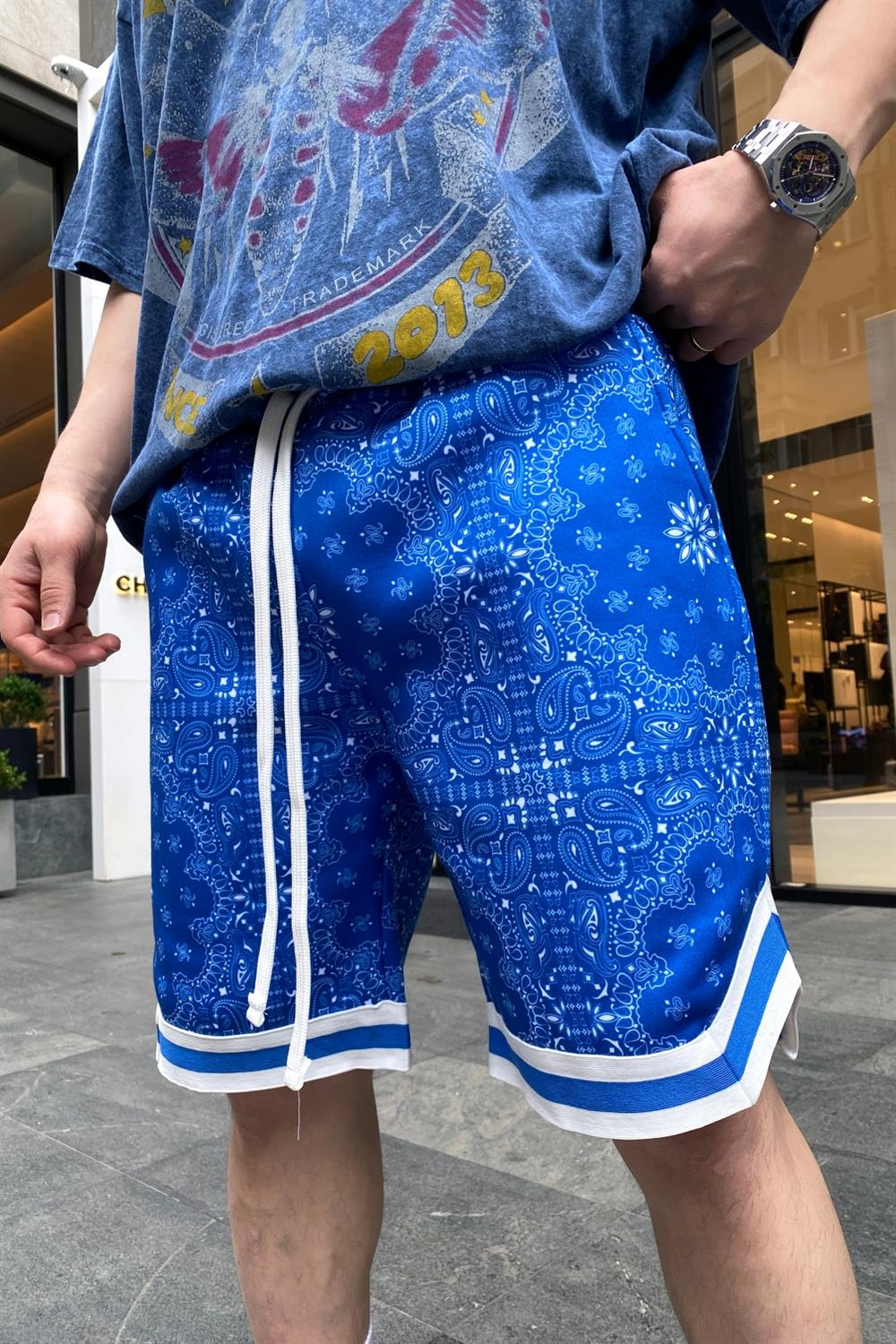 Mavi Bandana Desen Jarse Şort S206
