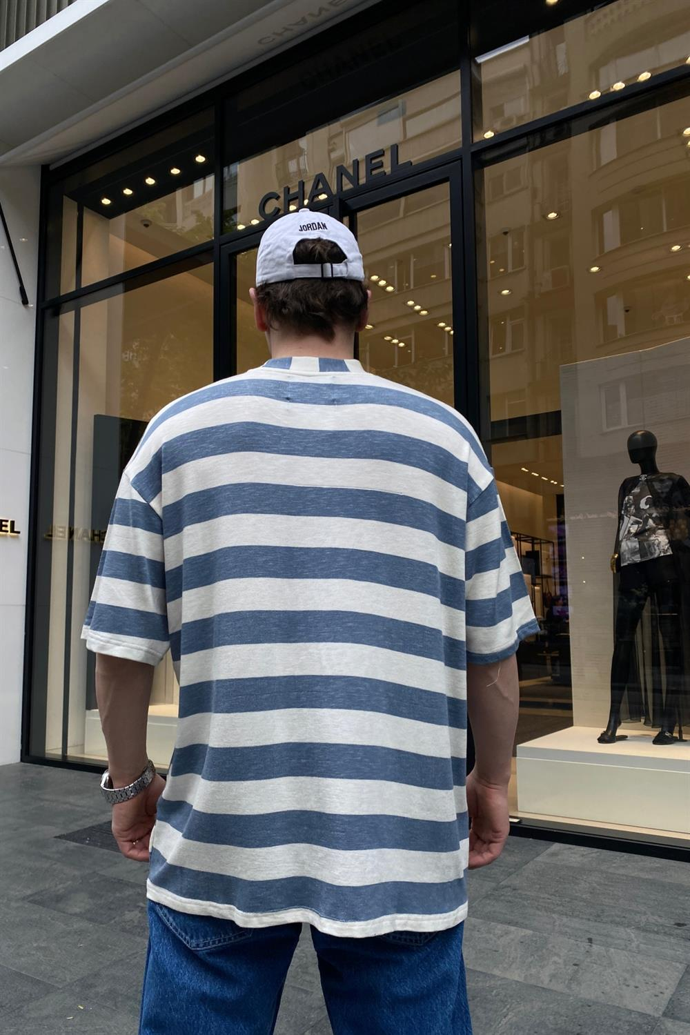 Mavi Çizgili Basic Oversize Tshirt T653