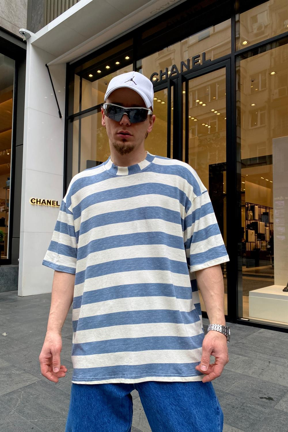 Mavi Çizgili Basic Oversize Tshirt T653