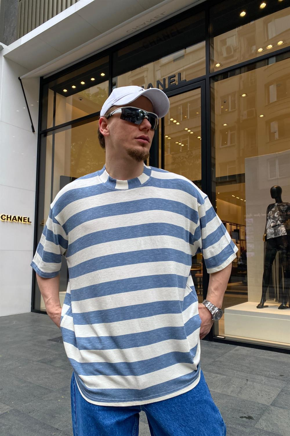 Mavi Çizgili Basic Oversize Tshirt T653