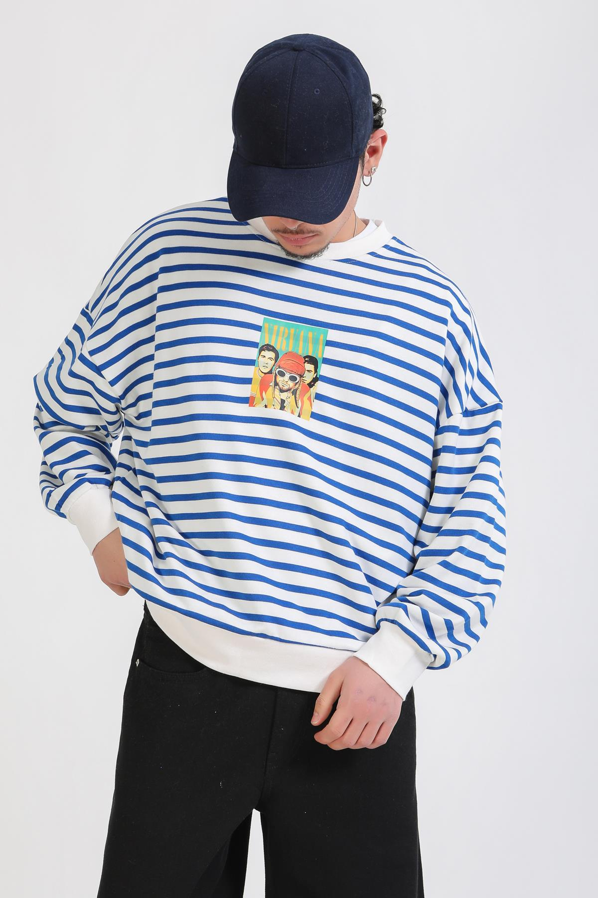 Mavi Çizgili Nirvana Baskılı Oversize Sweatshirt