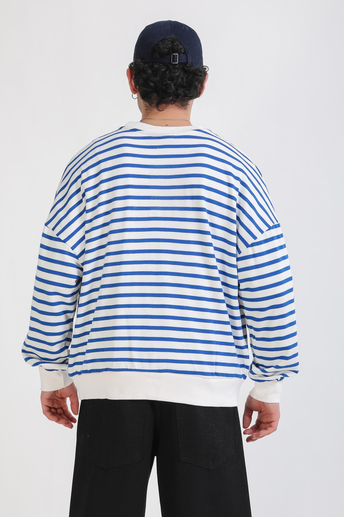 Mavi Çizgili Nirvana Baskılı Oversize Sweatshirt