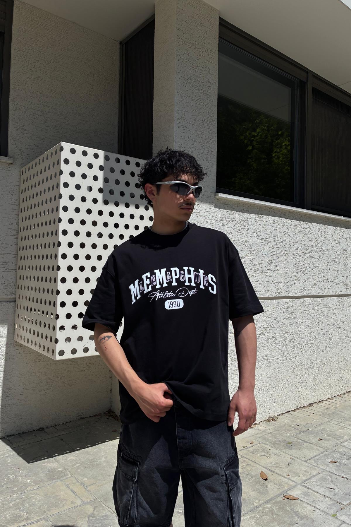 Memphis Baskılı Siyah Oversize Tshirt