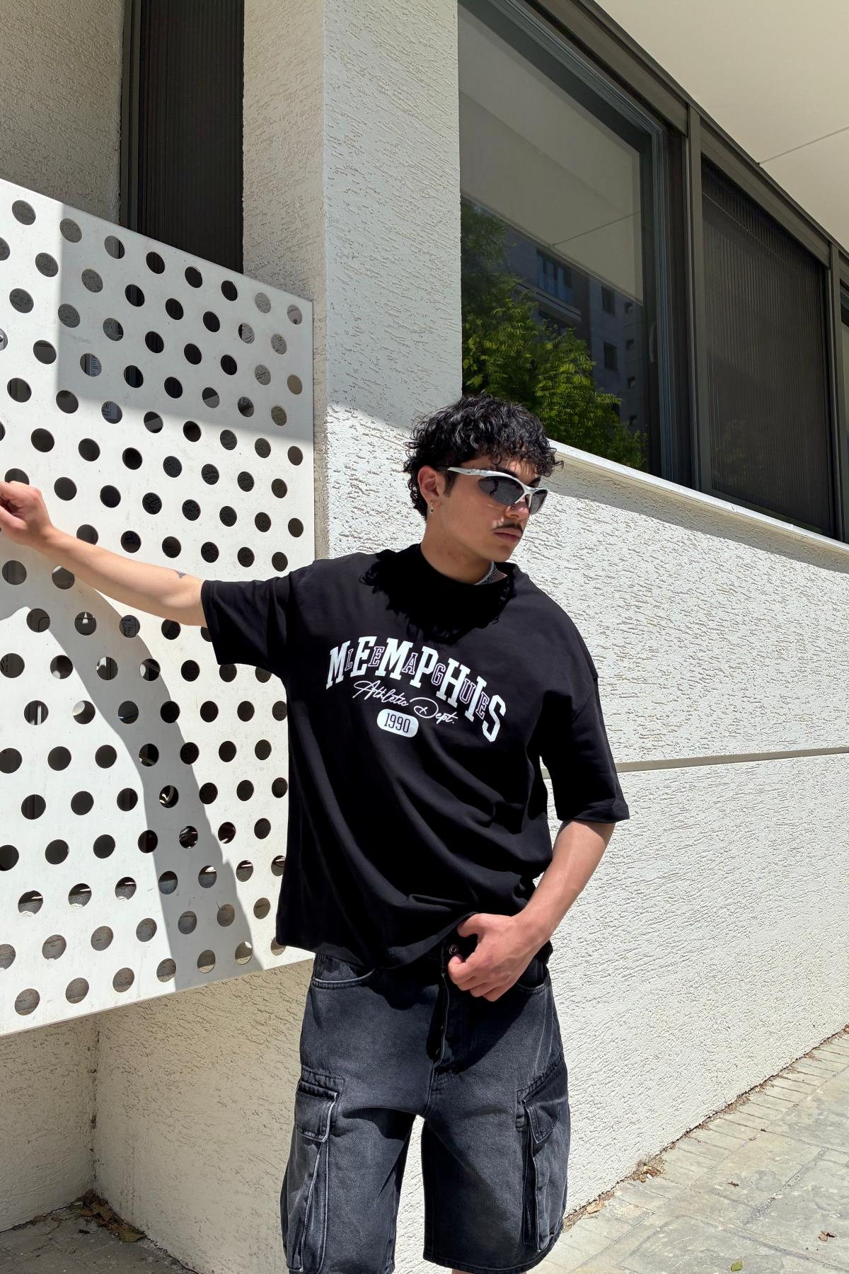 Memphis Baskılı Siyah Oversize Tshirt