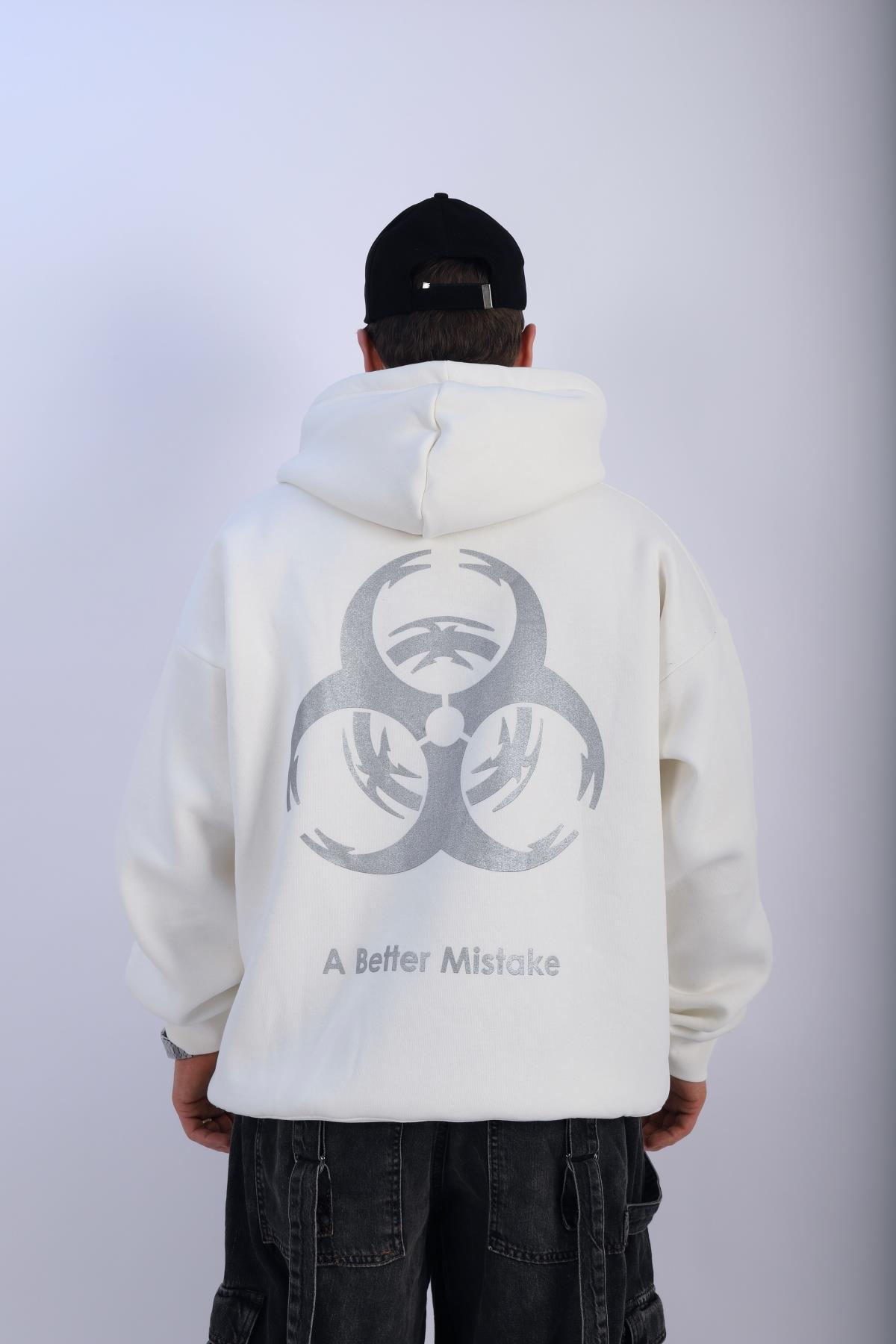 Mistake Baskılı Beyaz Oversize Hoodie SW1091