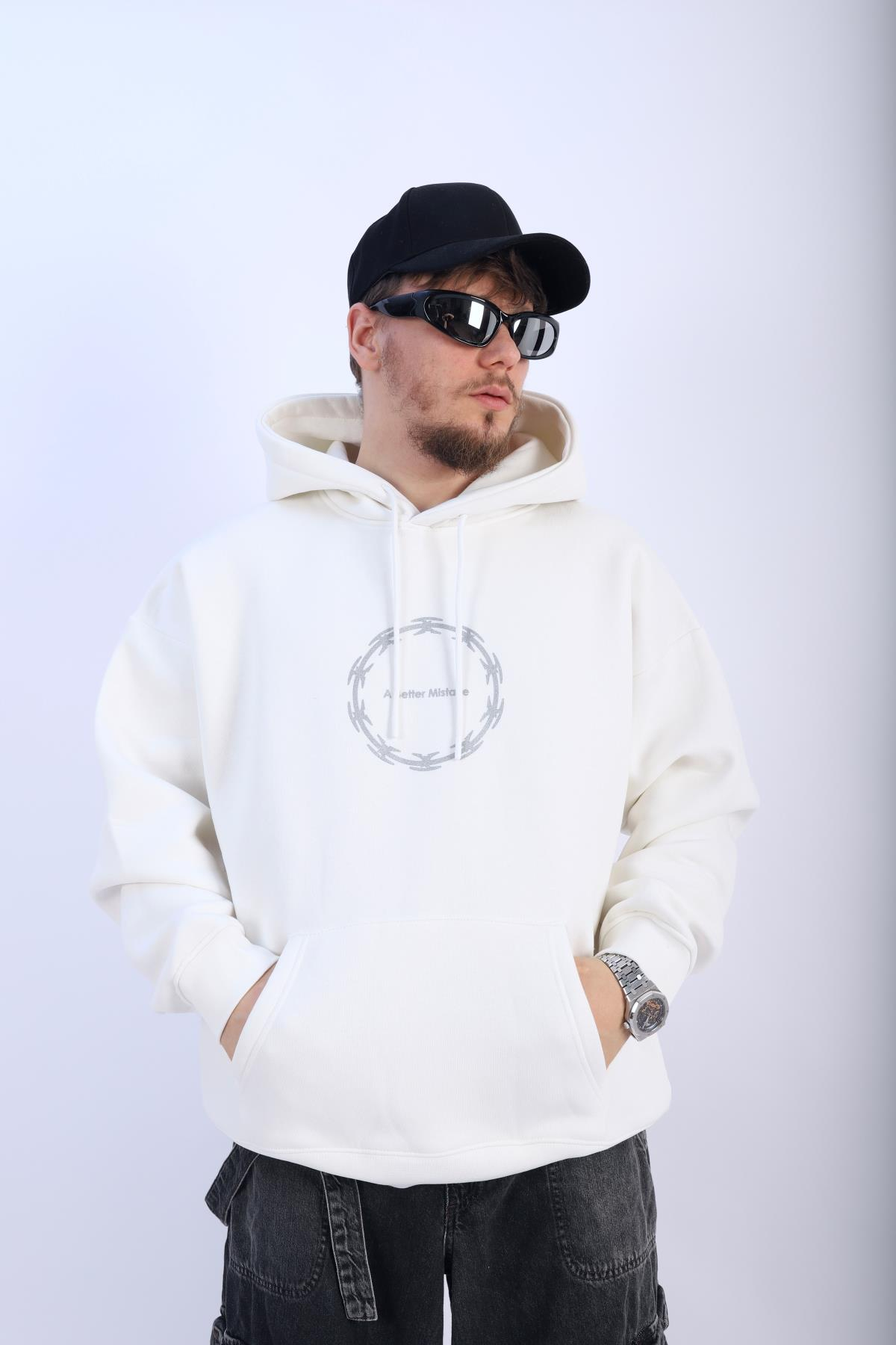 Mistake Baskılı Beyaz Oversize Hoodie SW1091