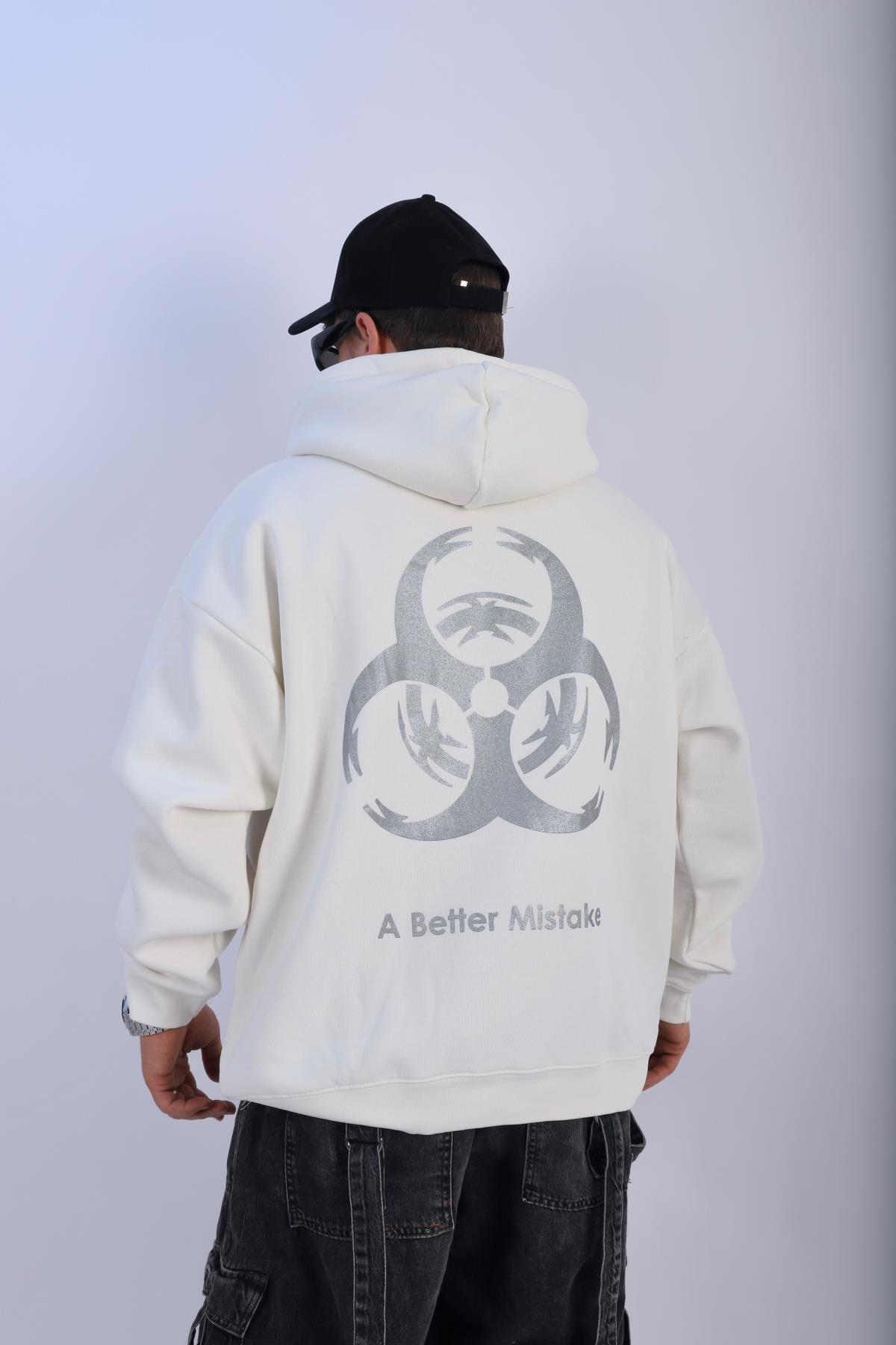 Mistake Baskılı Beyaz Oversize Hoodie SW1091