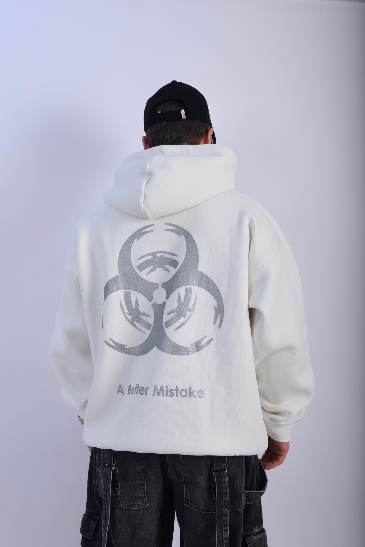 Mistake Baskılı Beyaz Oversize Hoodie SW1091