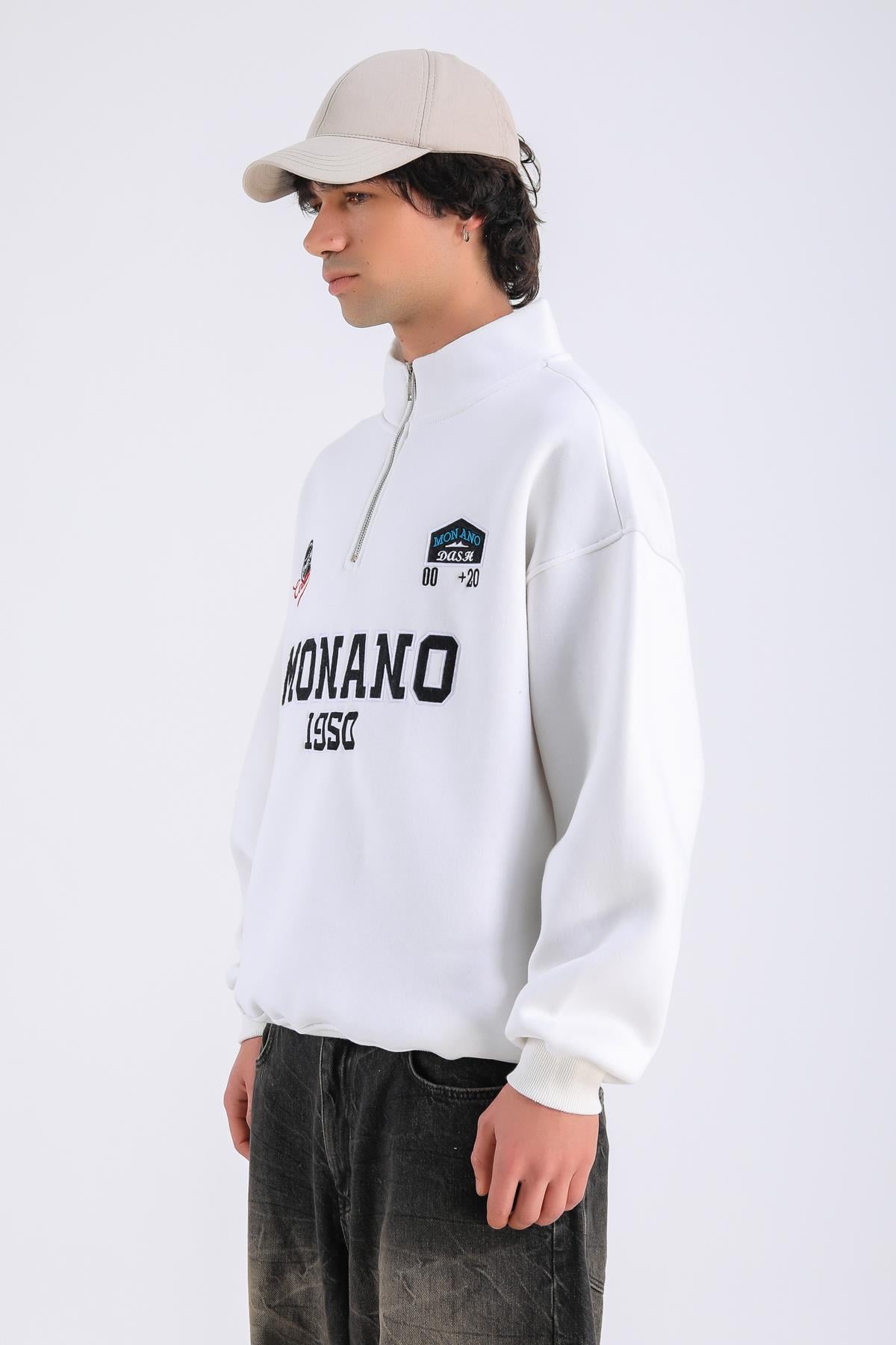 Monano Nakışlı Fermuar Yaka Krem Oversize Sweatshirt SW1313
