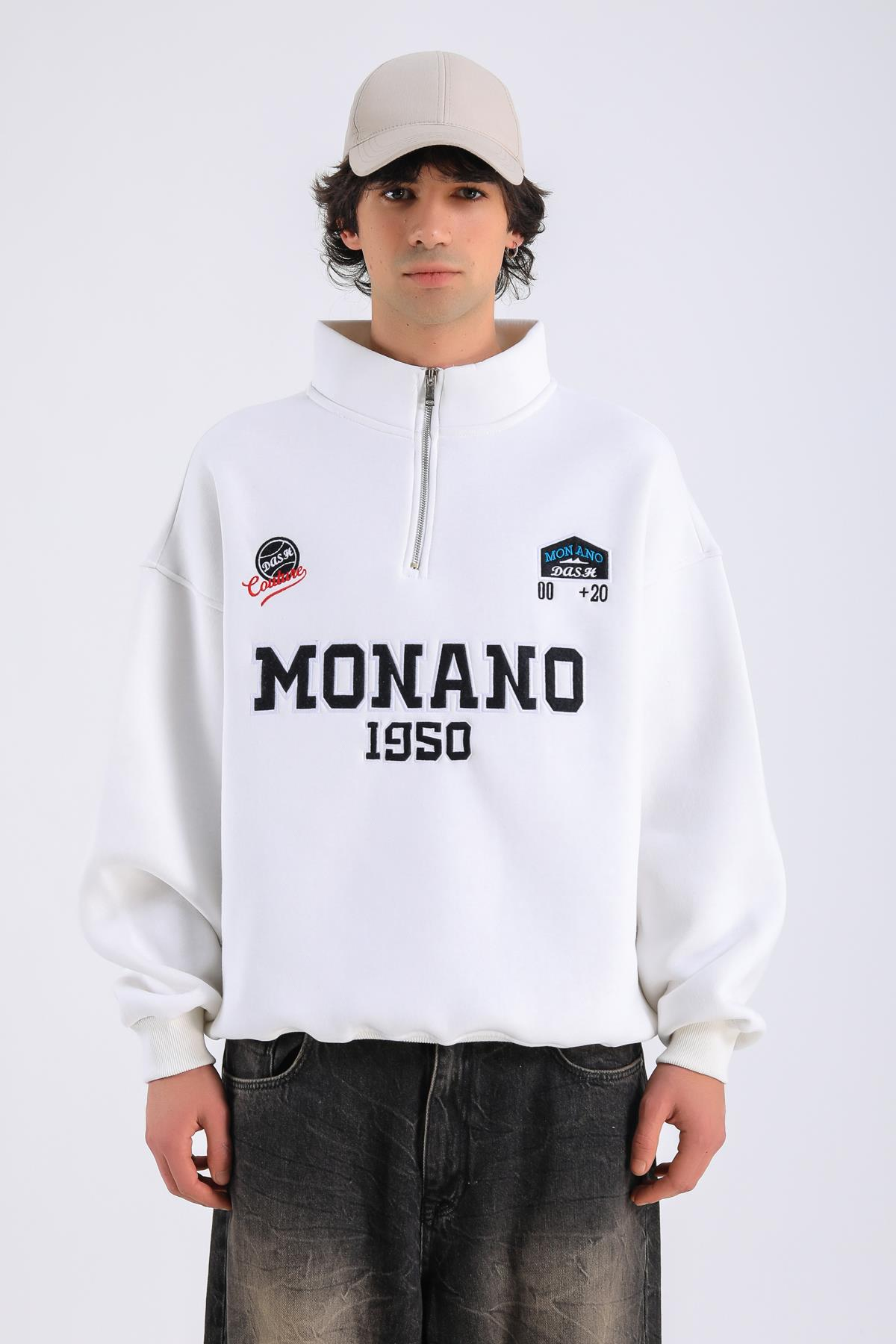 Monano Nakışlı Fermuar Yaka Krem Oversize Sweatshirt SW1313
