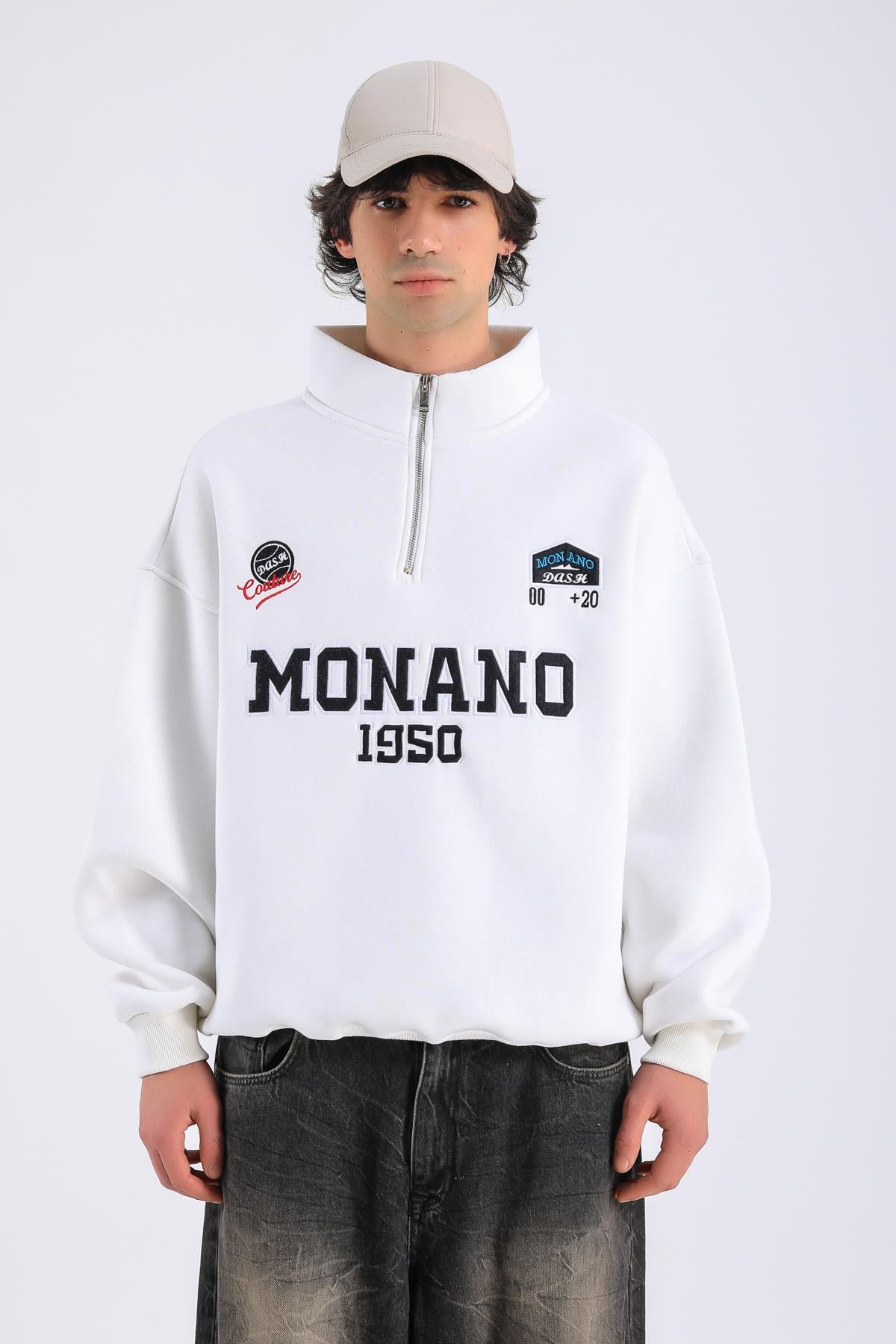 Monano Nakışlı Fermuar Yaka Krem Oversize Sweatshirt SW1313