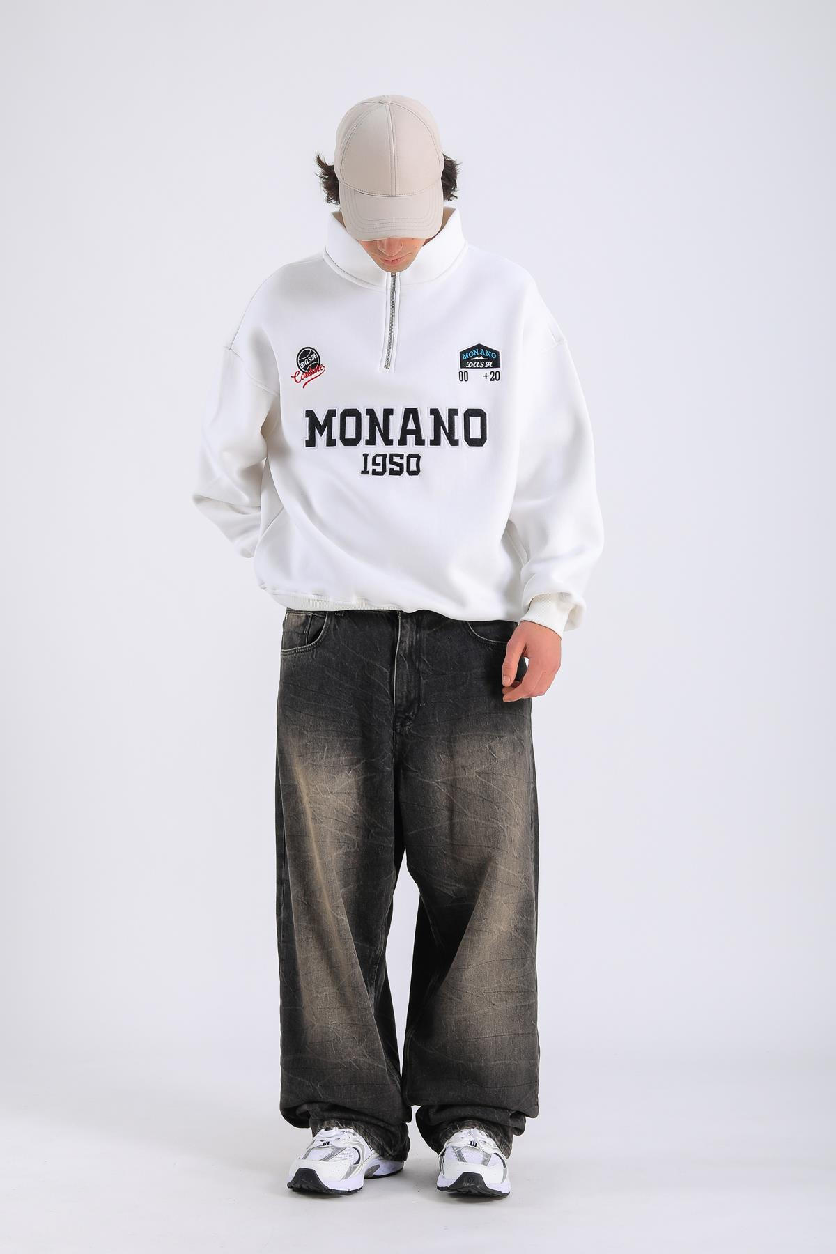 Monano Nakışlı Fermuar Yaka Krem Oversize Sweatshirt SW1313