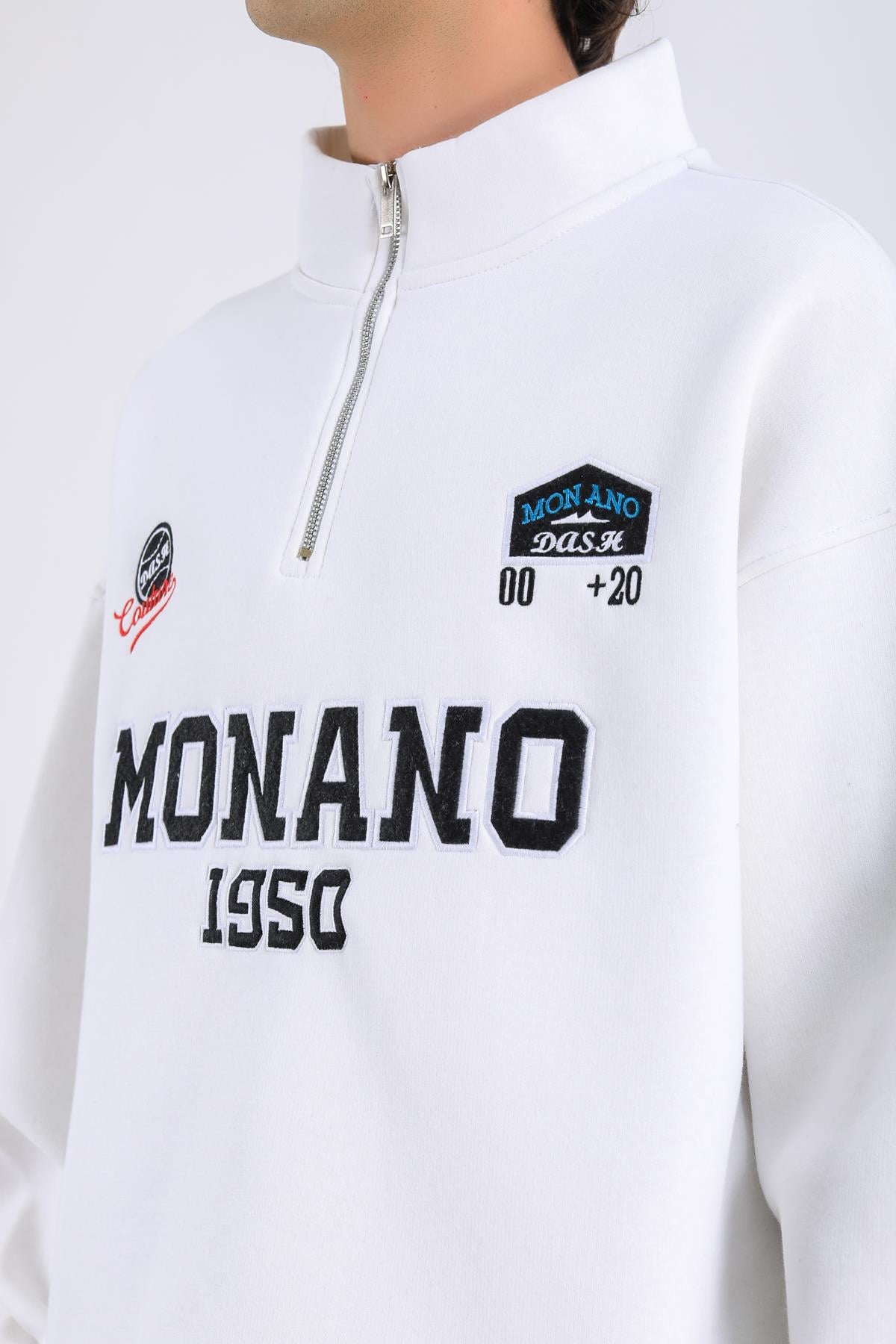 Monano Nakışlı Fermuar Yaka Krem Oversize Sweatshirt SW1313