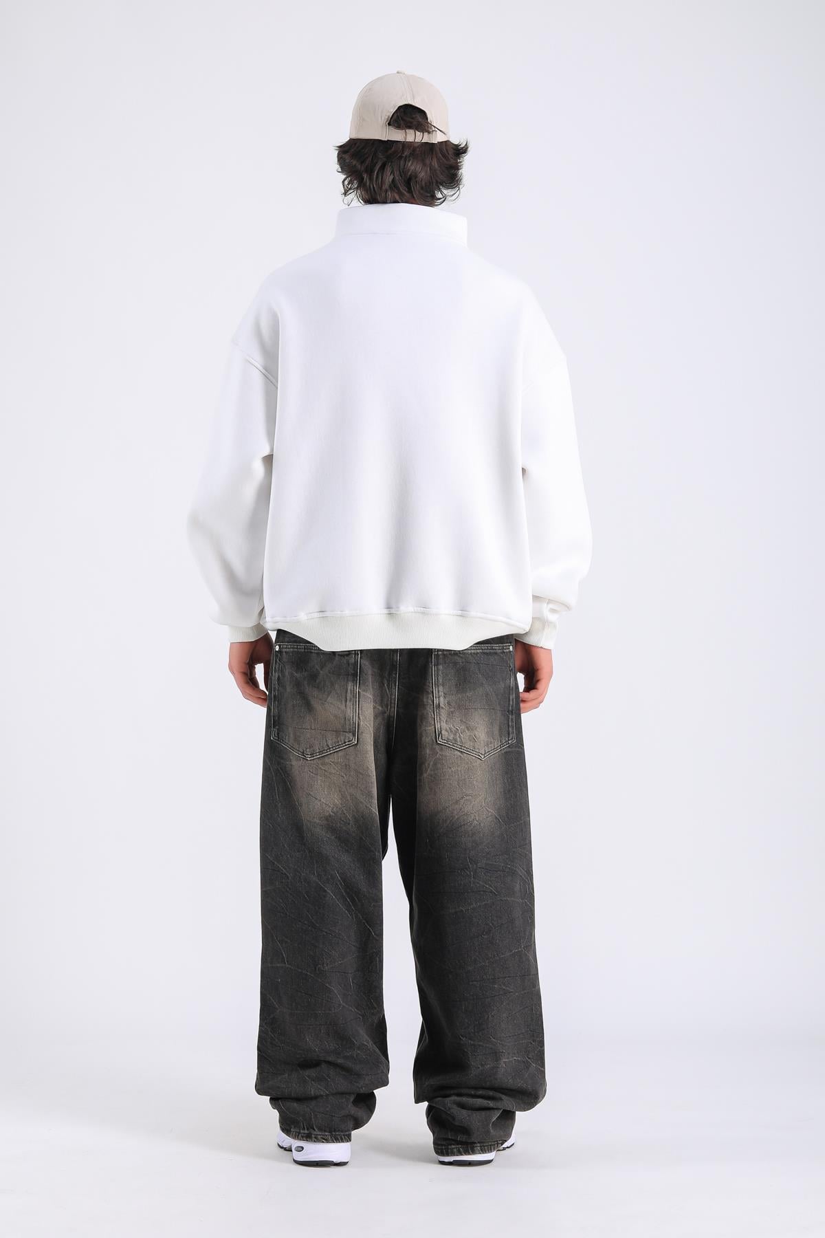 Monano Nakışlı Fermuar Yaka Krem Oversize Sweatshirt SW1313