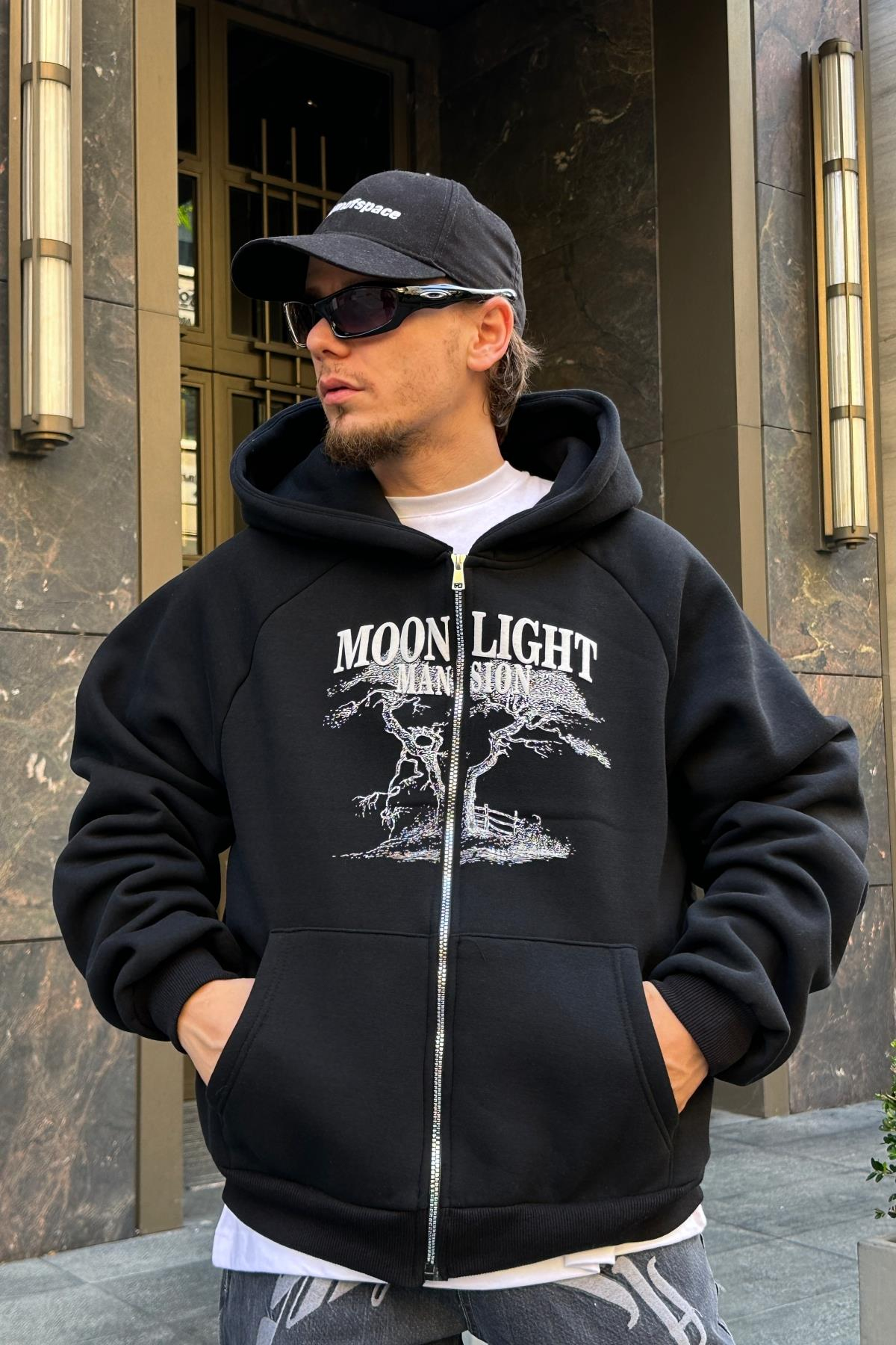 Moonlight Baskılı Siyah Oversize Zipper Sweatshirt SW972