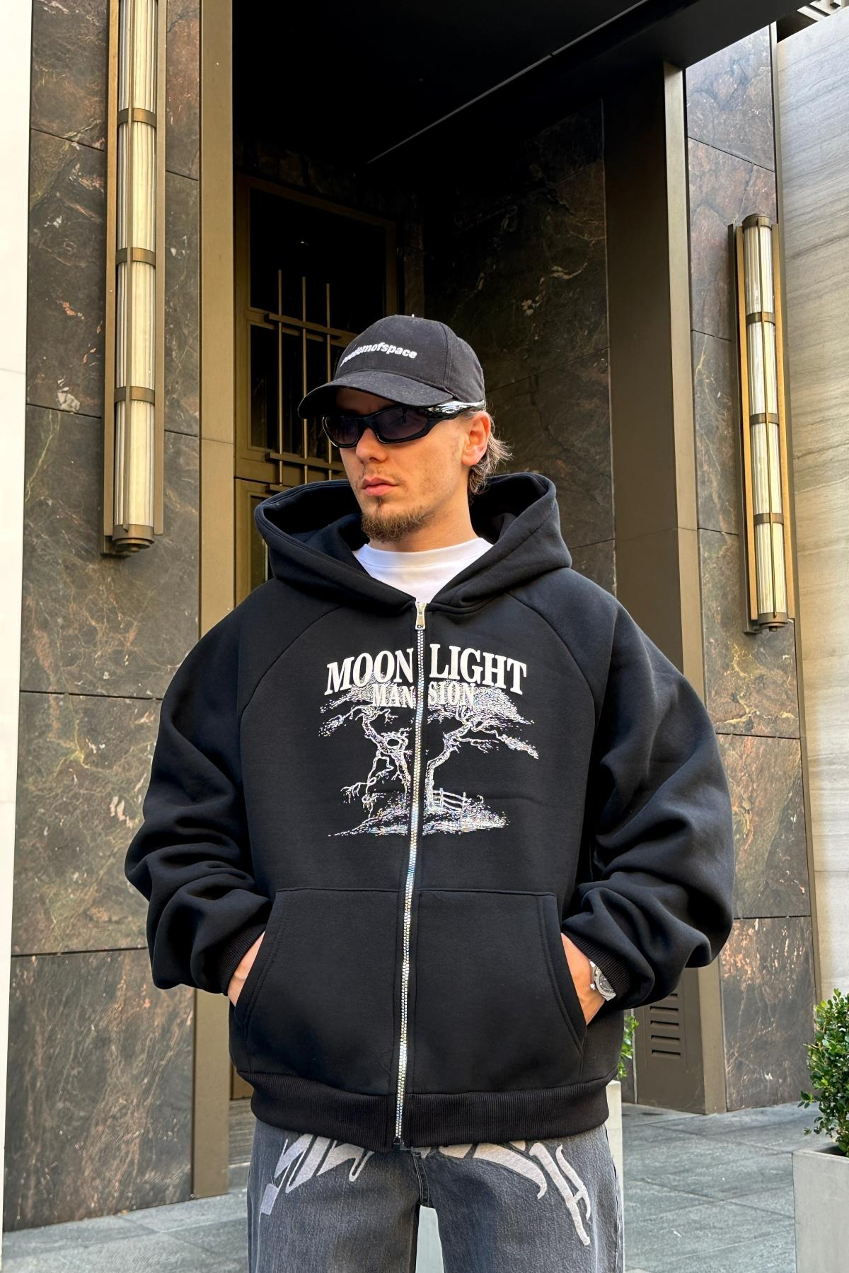 Moonlight Baskılı Siyah Oversize Zipper Sweatshirt SW972
