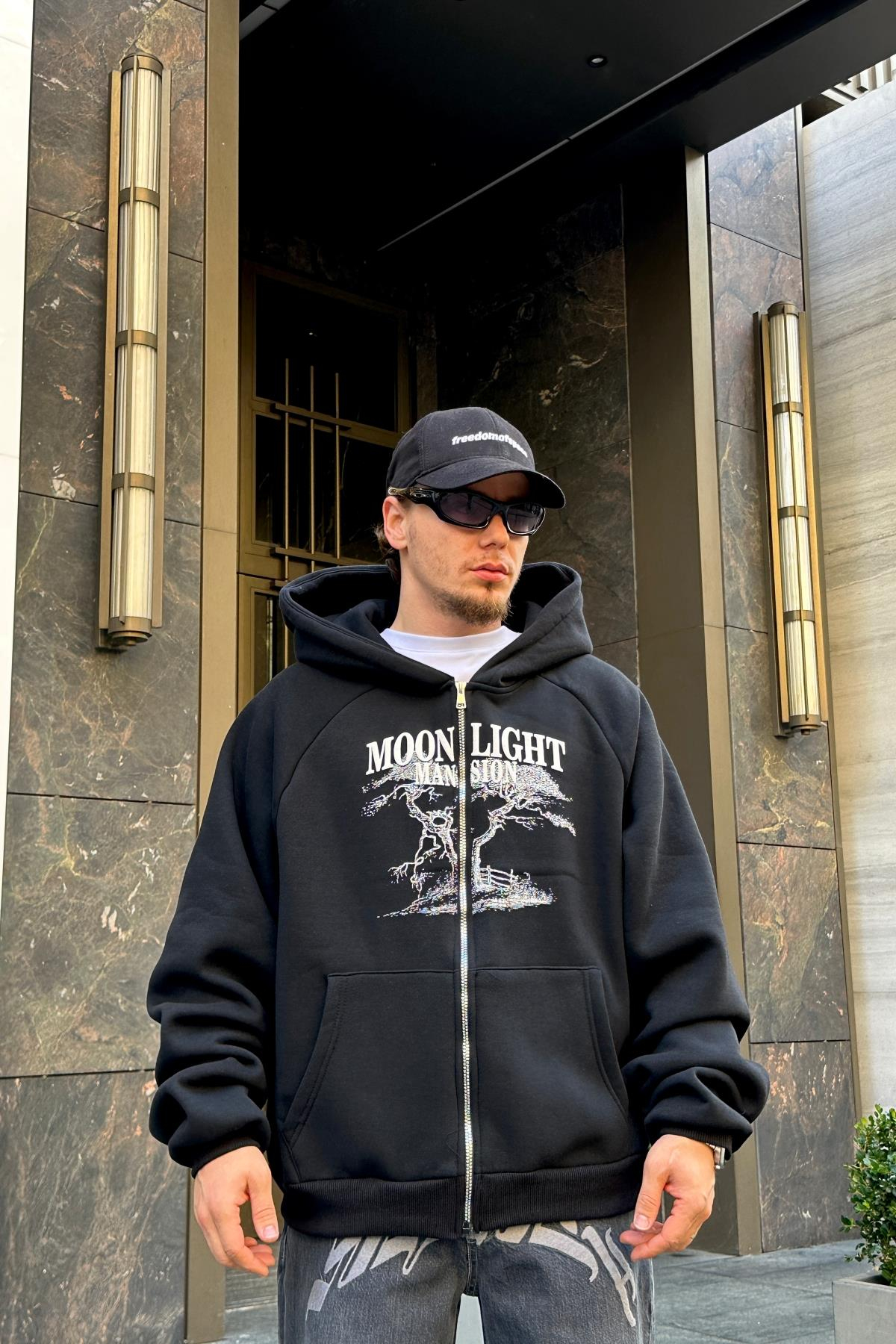 Moonlight Baskılı Siyah Oversize Zipper Sweatshirt SW972