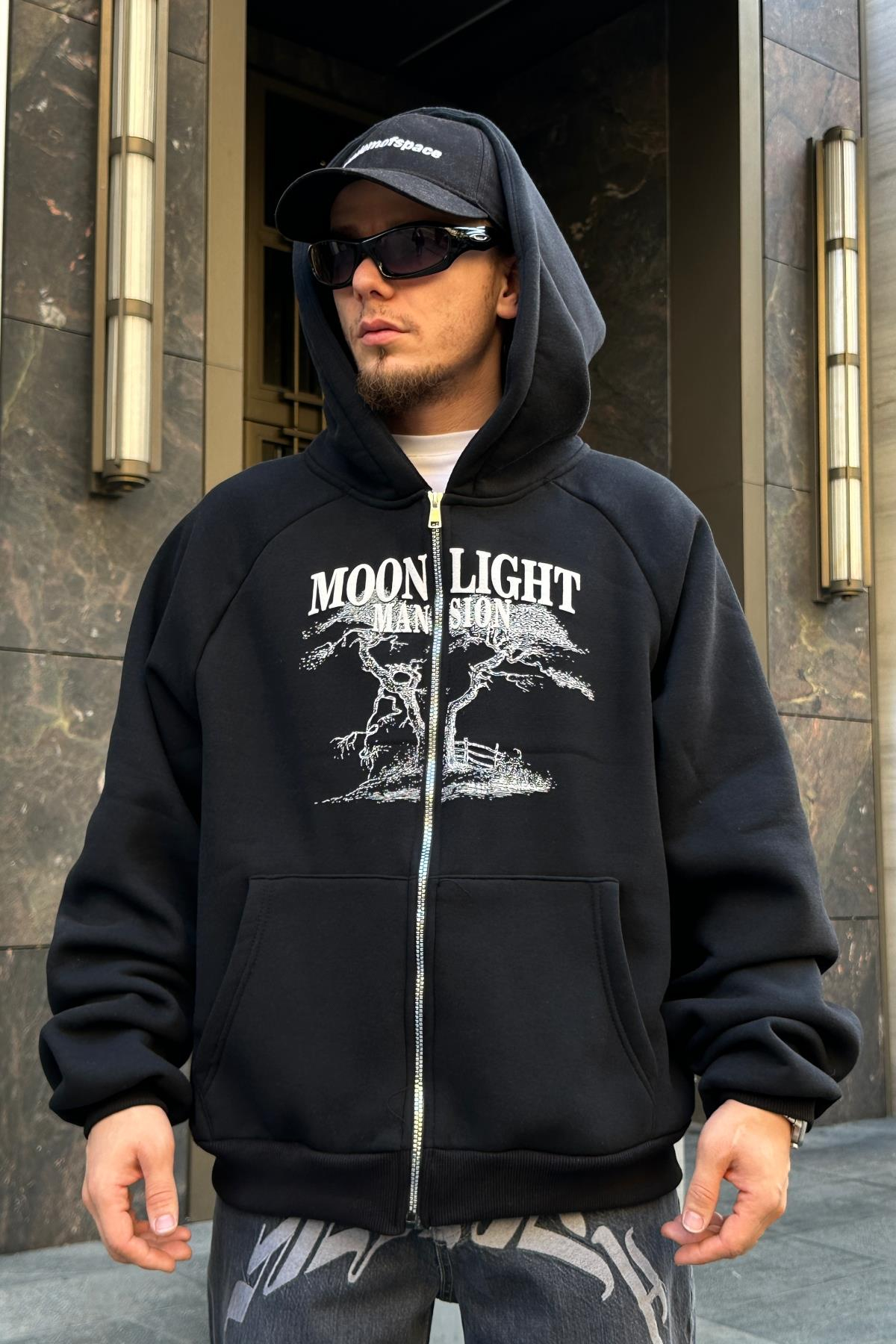 Moonlight Baskılı Siyah Oversize Zipper Sweatshirt SW972