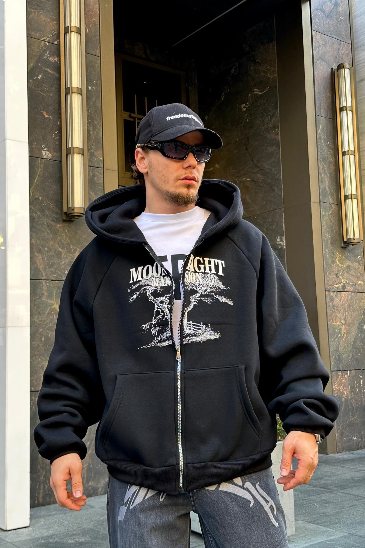 Moonlight Baskılı Siyah Oversize Zipper Sweatshirt SW972
