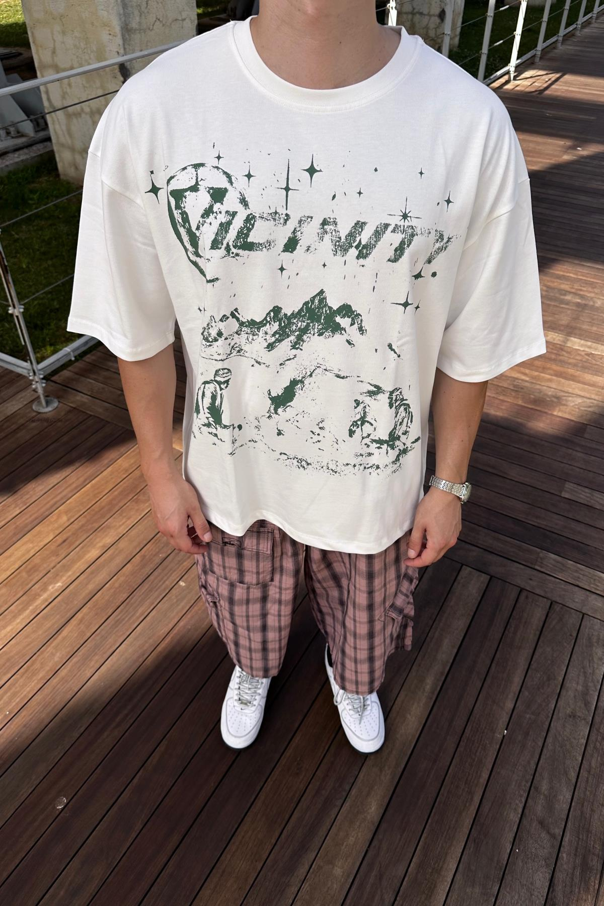 Mount Baskılı Krem Oversize Tshirt  T1131