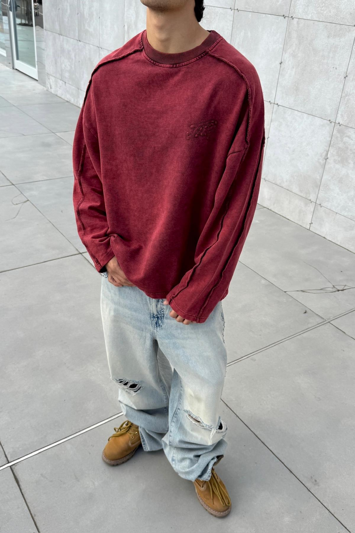 Nakışlı Acid Wash Bordo Bisiklet Yaka Oversize Sweatshirt JC01
