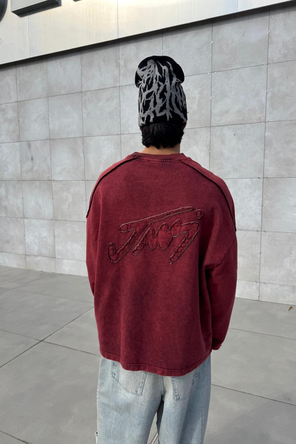 Nakışlı Acid Wash Bordo Bisiklet Yaka Oversize Sweatshirt JC01