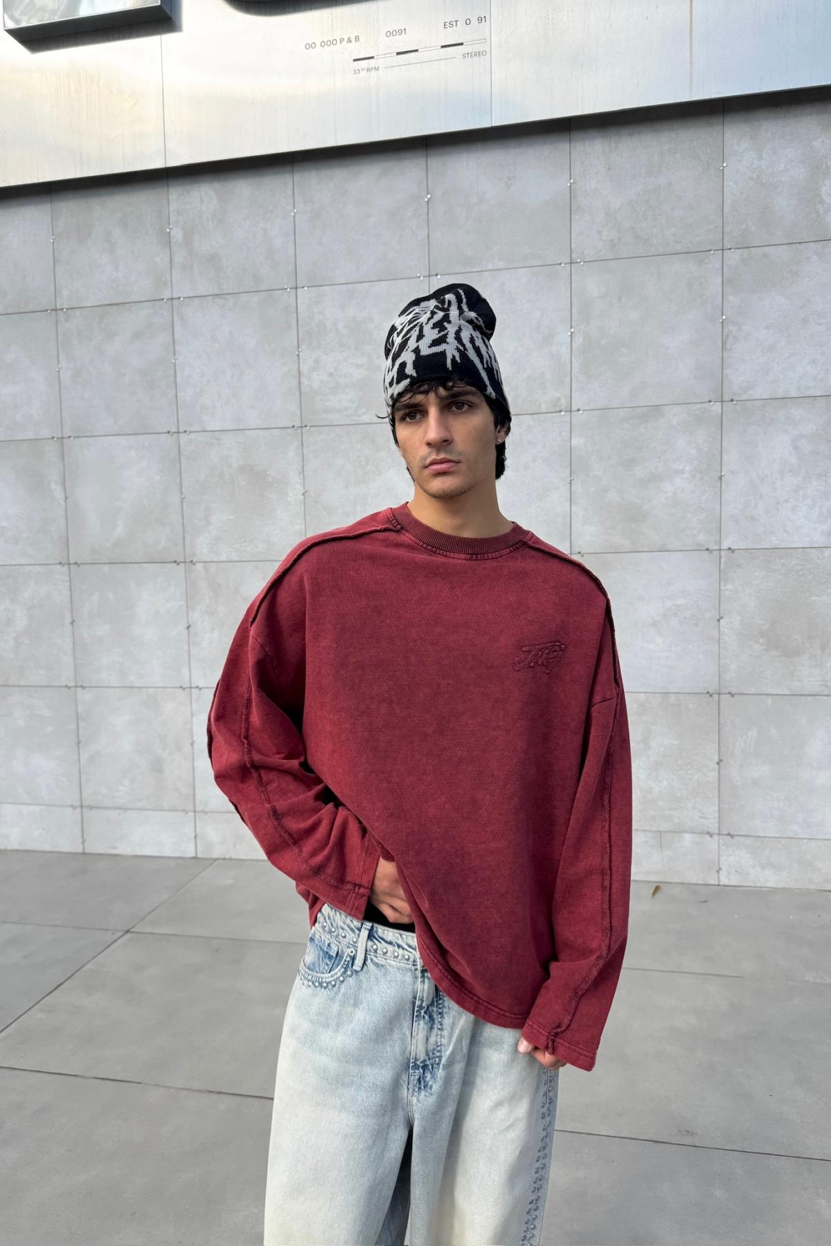 Nakışlı Acid Wash Bordo Bisiklet Yaka Oversize Sweatshirt JC01