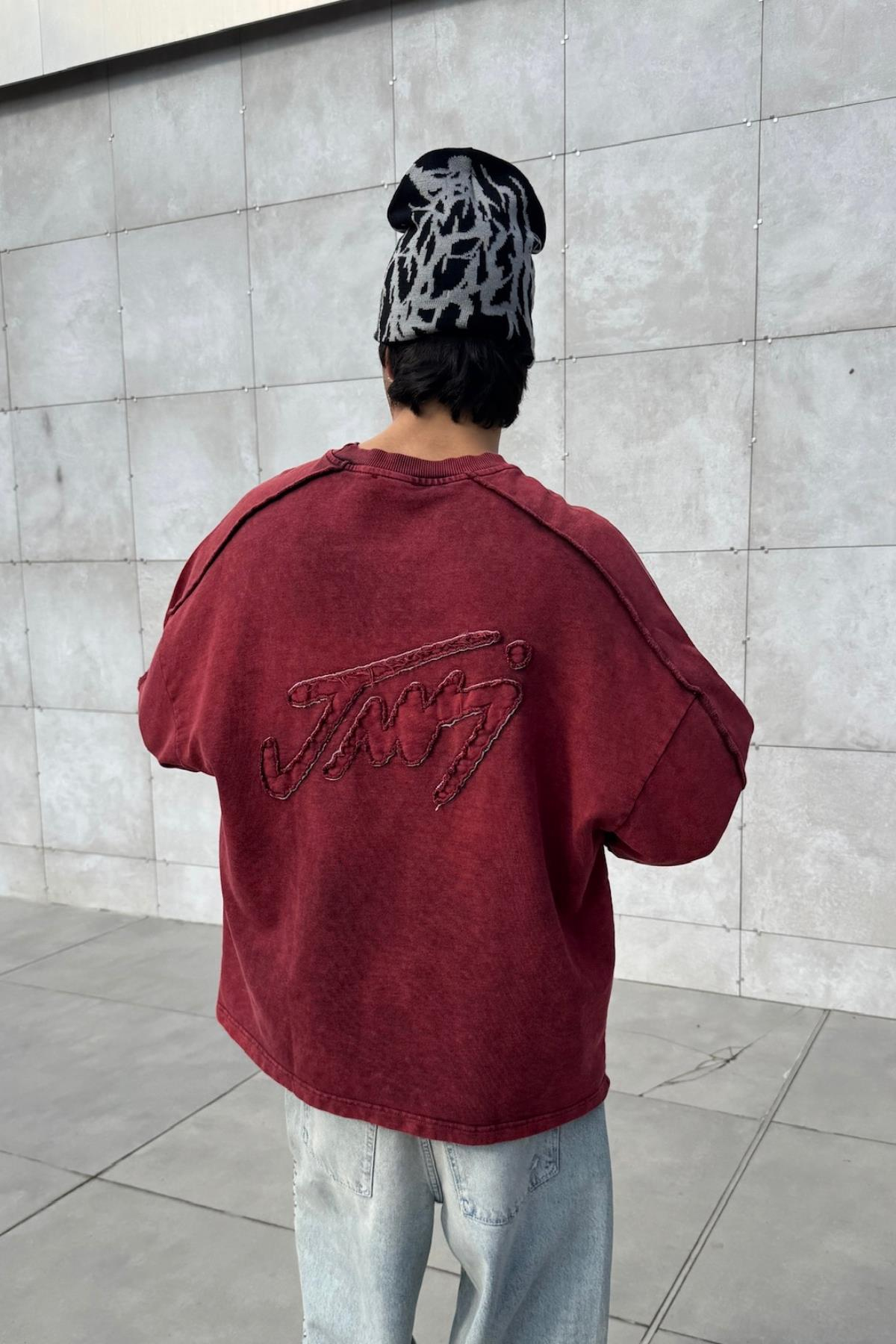 Nakışlı Acid Wash Bordo Bisiklet Yaka Oversize Sweatshirt JC01