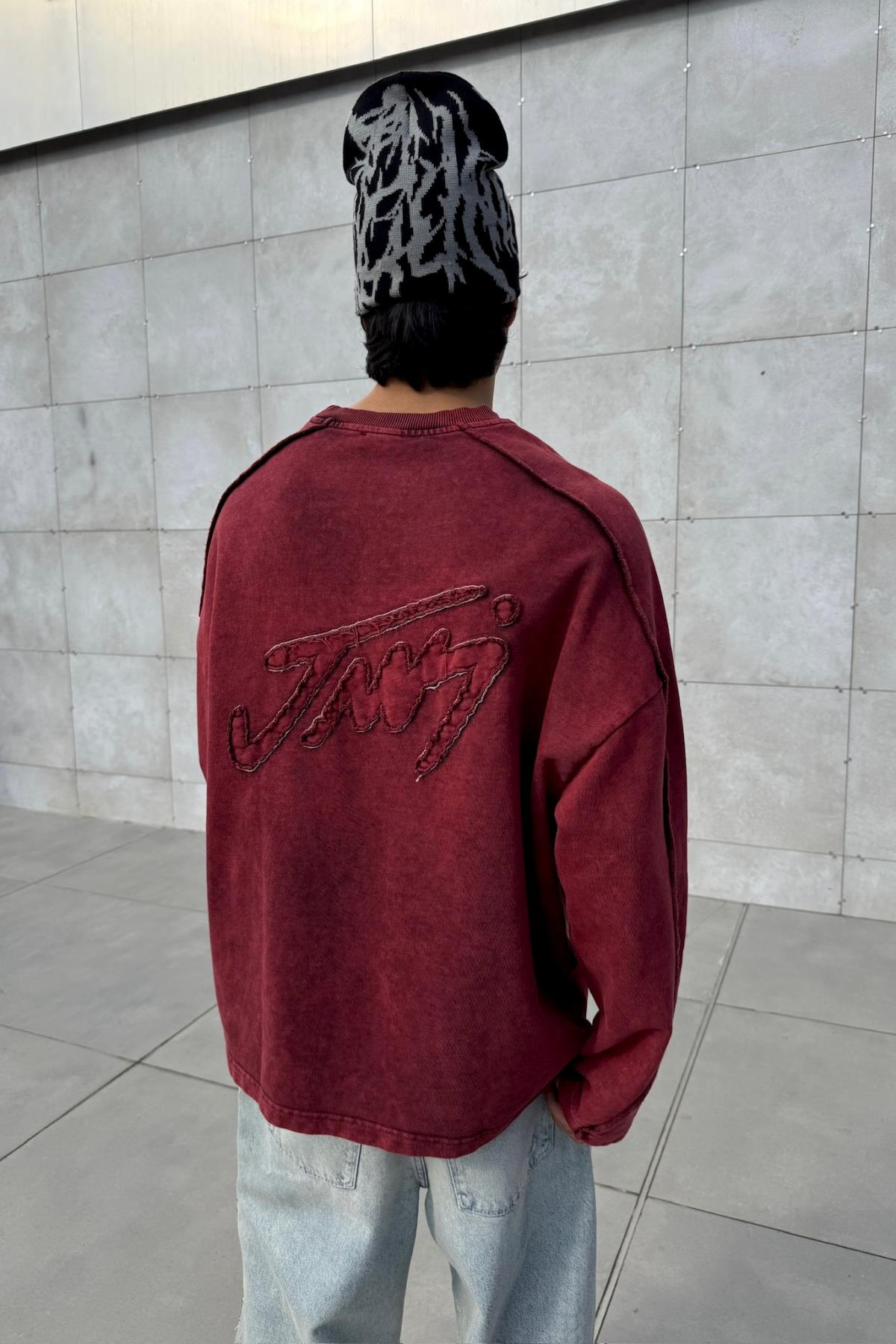 Nakışlı Acid Wash Bordo Bisiklet Yaka Oversize Sweatshirt JC01