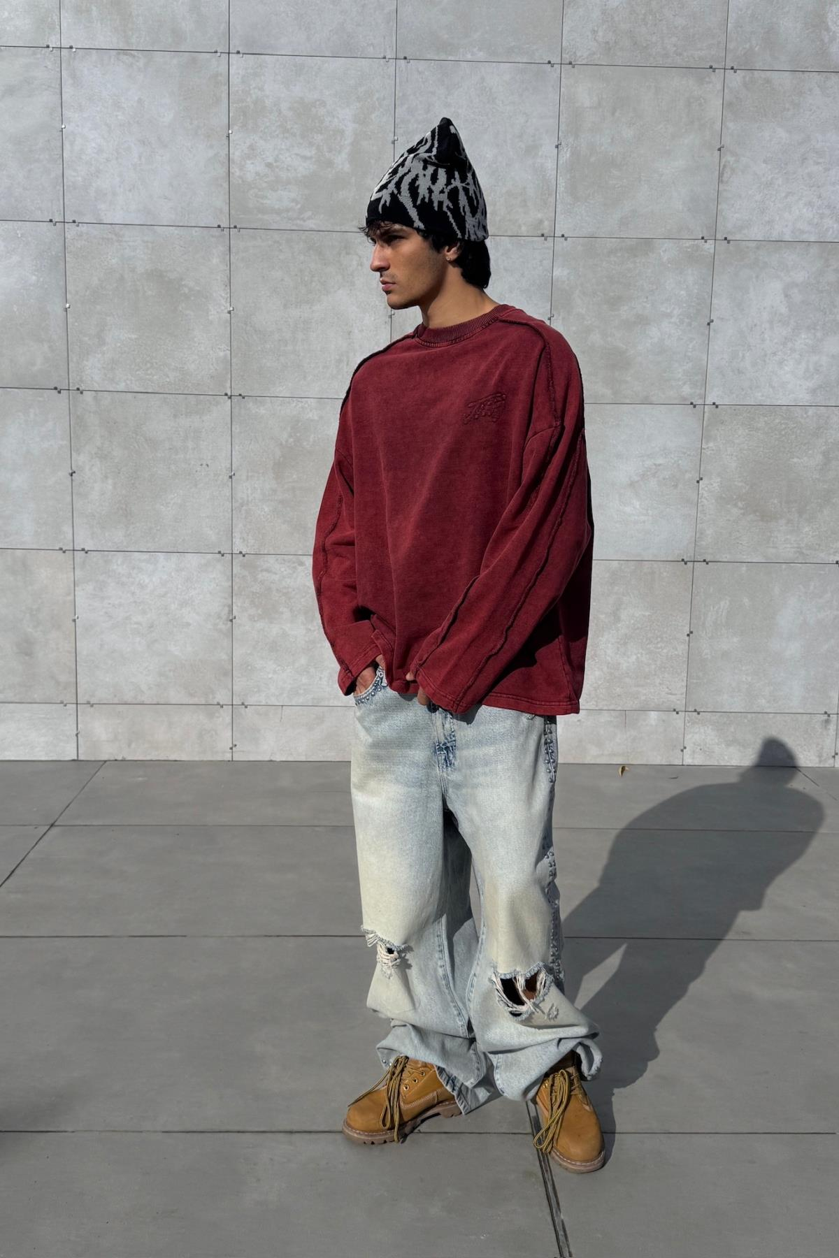 Nakışlı Acid Wash Bordo Bisiklet Yaka Oversize Sweatshirt JC01
