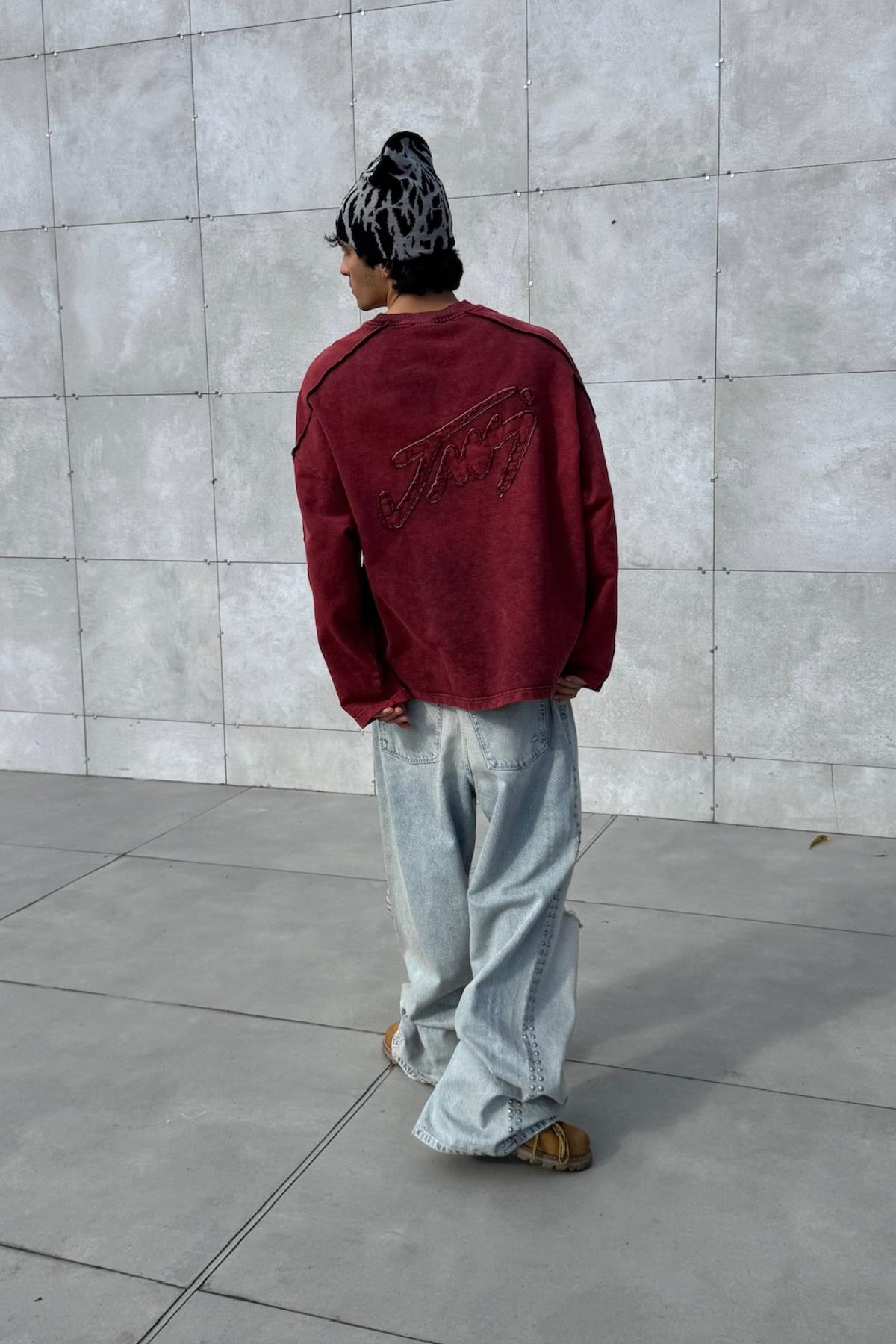 Nakışlı Acid Wash Bordo Bisiklet Yaka Oversize Sweatshirt JC01