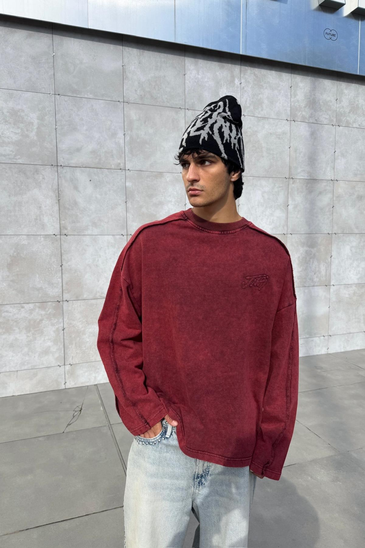 Nakışlı Acid Wash Bordo Bisiklet Yaka Oversize Sweatshirt JC01