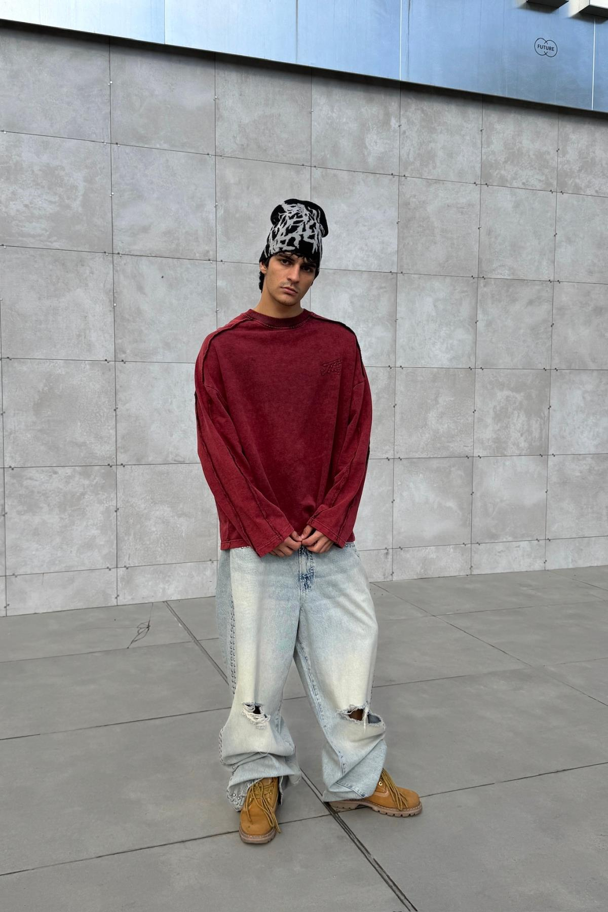 Nakışlı Acid Wash Bordo Bisiklet Yaka Oversize Sweatshirt JC01