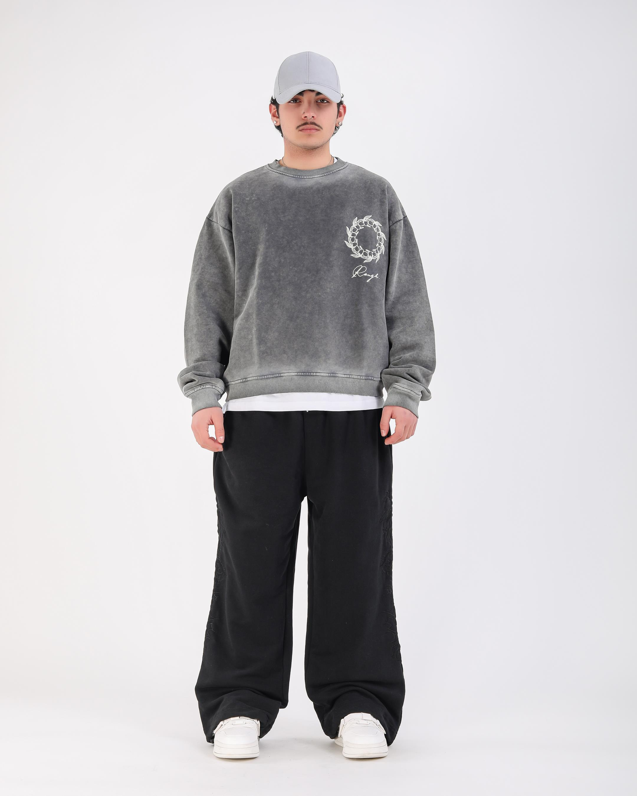 Nakışlı Acid Wash Oversize Premium Sweatshirt