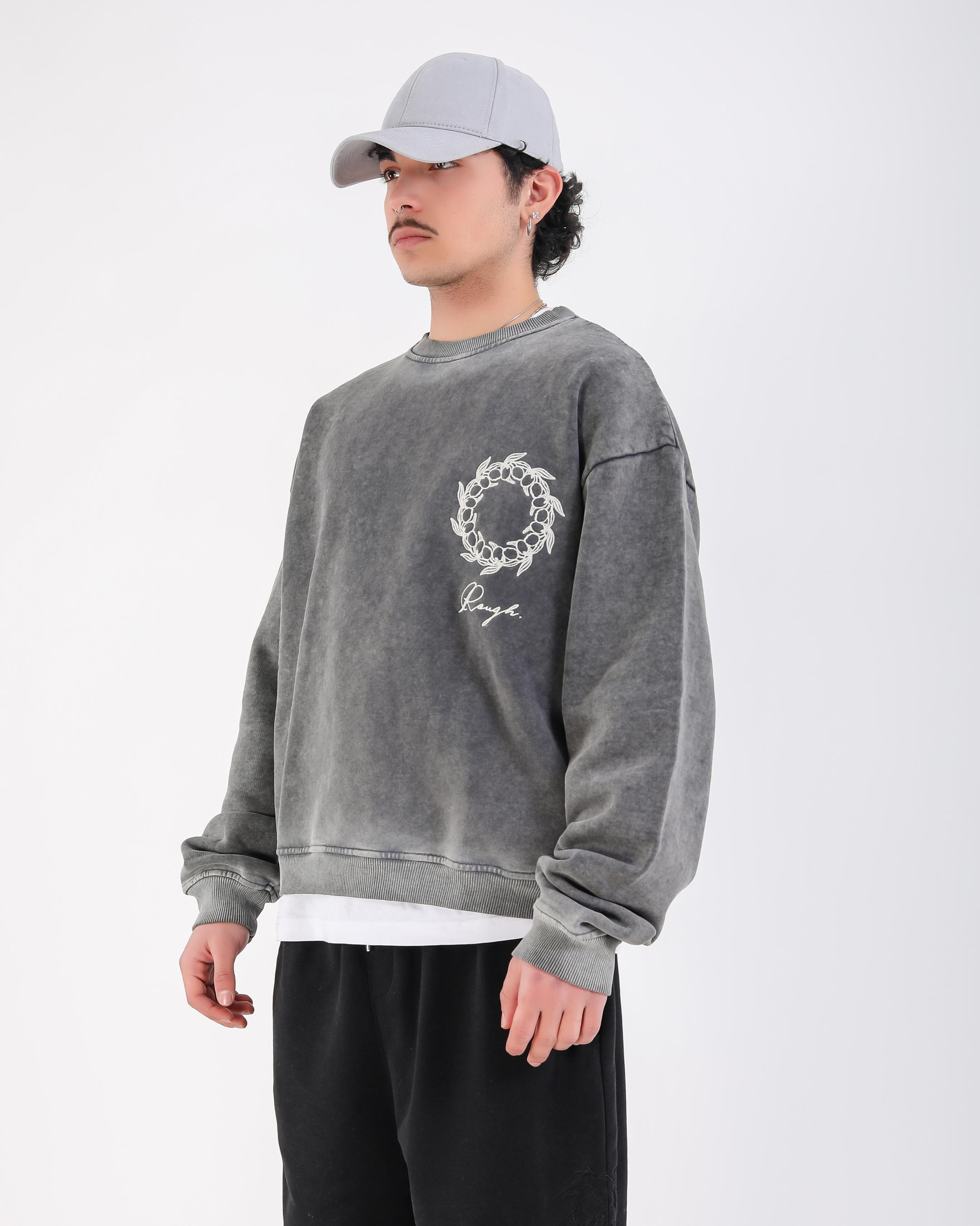 Nakışlı Acid Wash Oversize Premium Sweatshirt