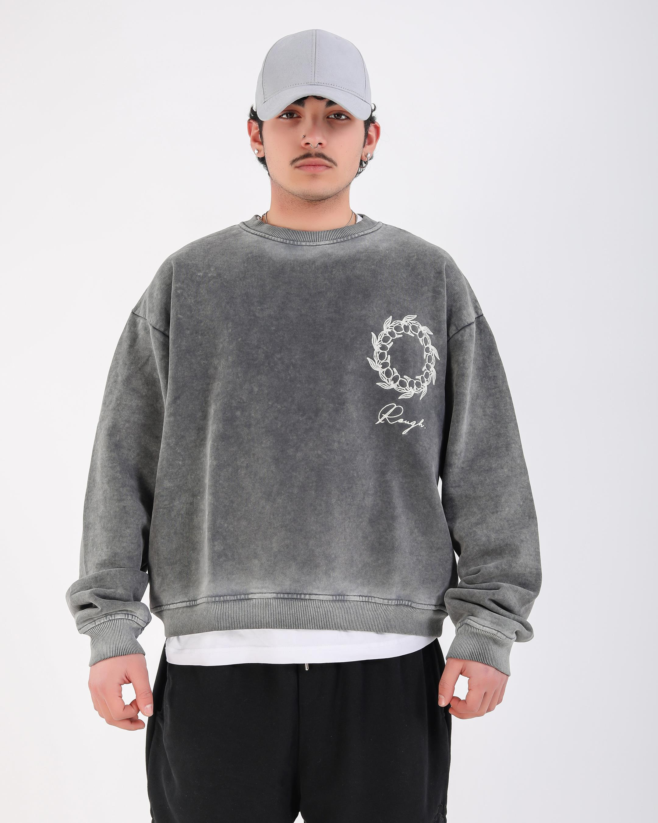 Nakışlı Acid Wash Oversize Premium Sweatshirt