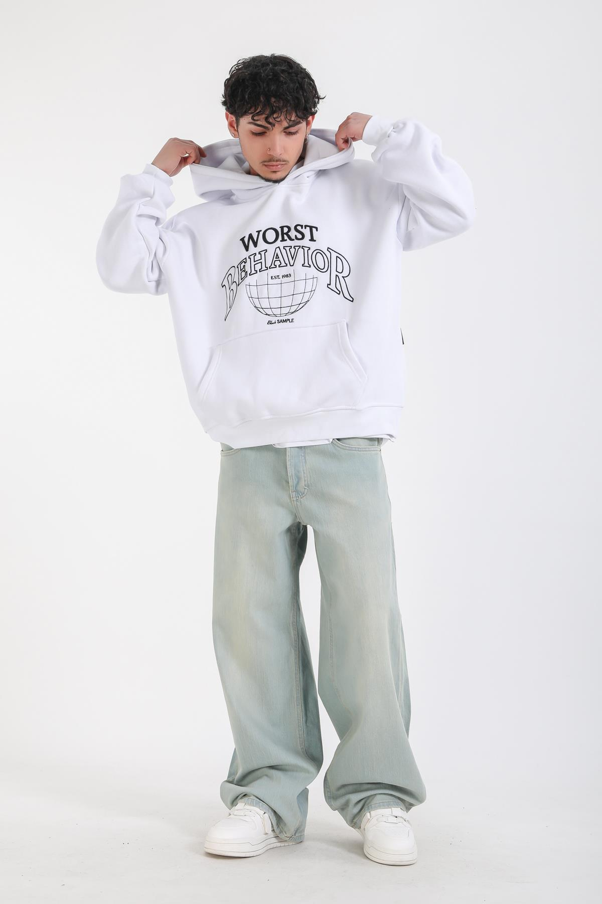 Nakışlı Beyaz Oversize Worst Hoodie