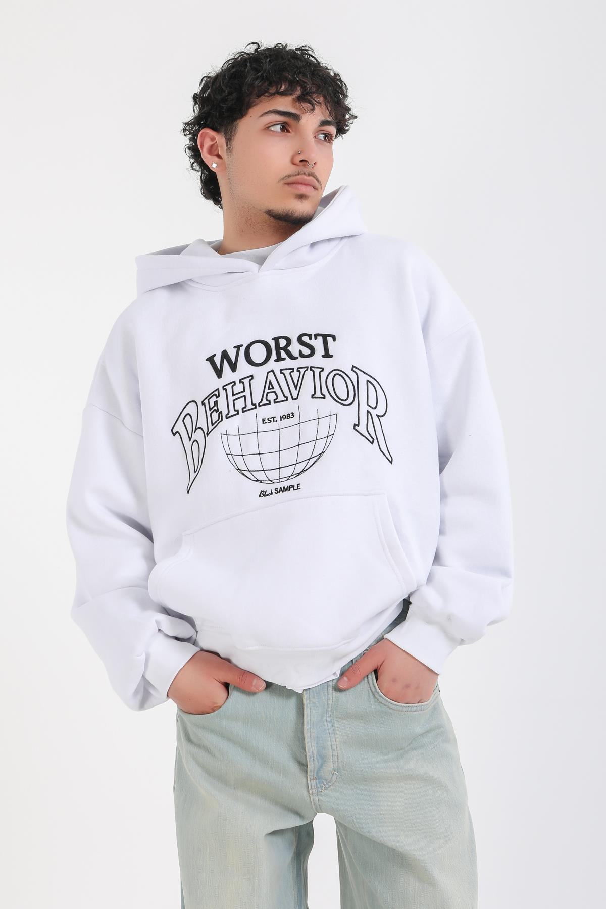Nakışlı Beyaz Oversize Worst Hoodie