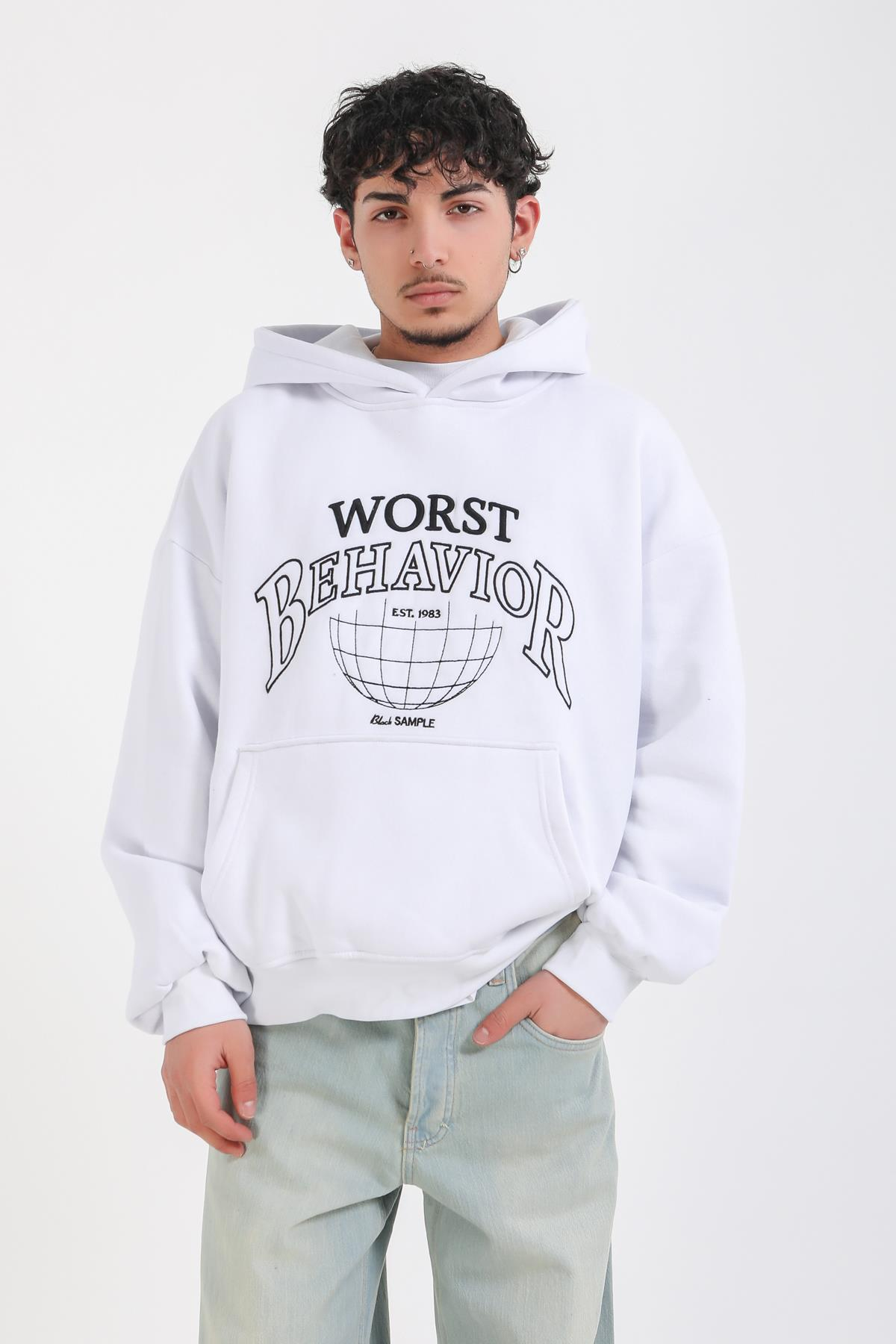 Nakışlı Beyaz Oversize Worst Hoodie
