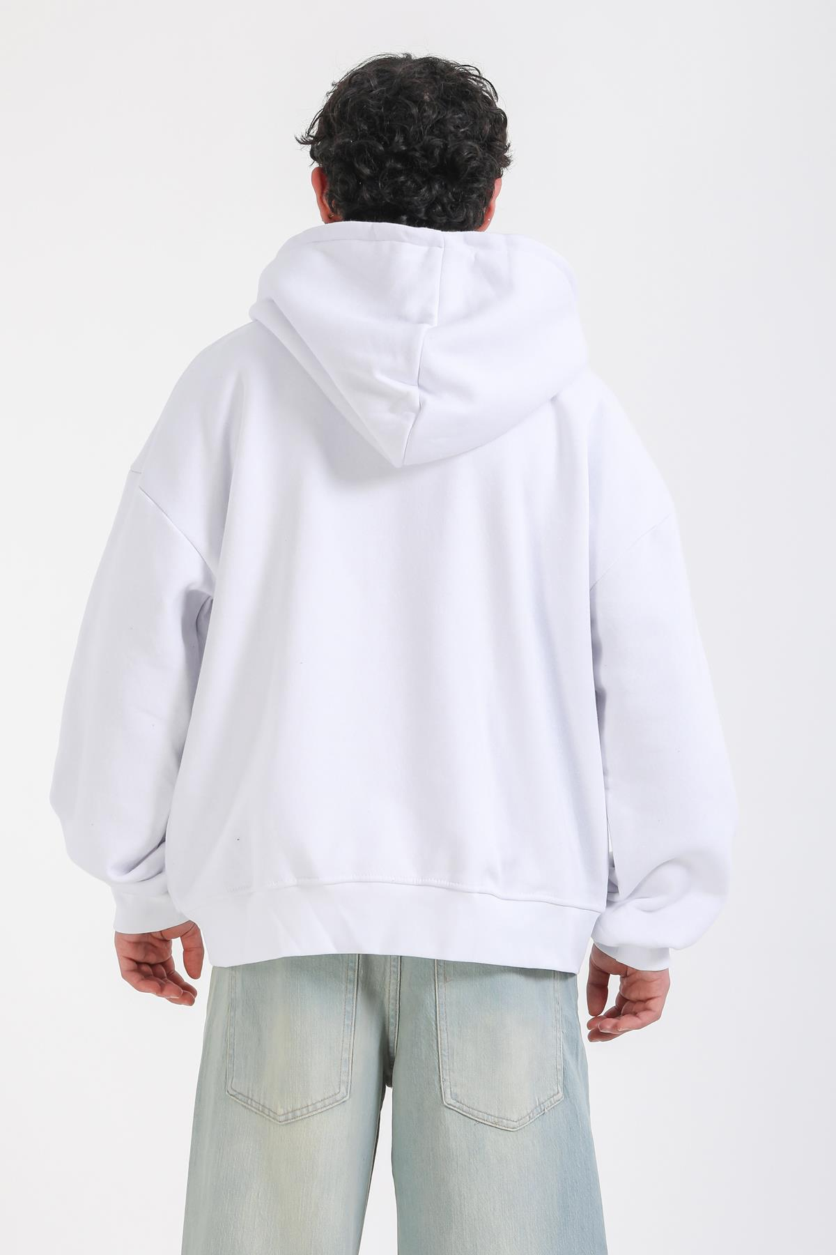 Nakışlı Beyaz Oversize Worst Hoodie