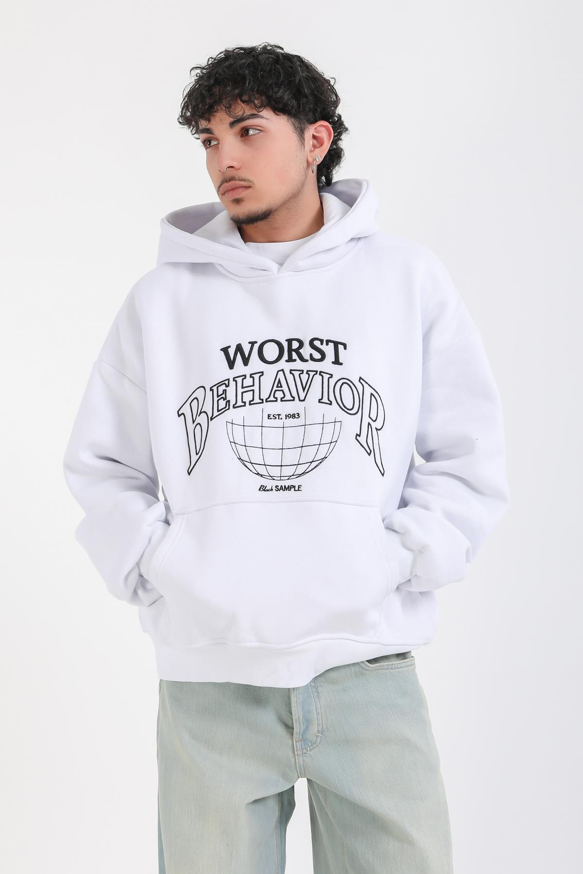 Nakışlı Beyaz Oversize Worst Hoodie