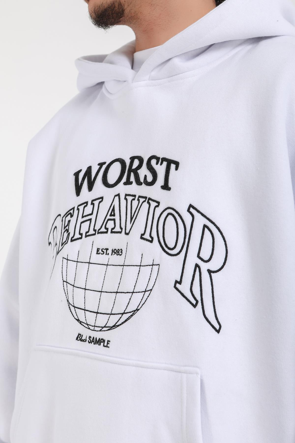 Nakışlı Beyaz Oversize Worst Hoodie