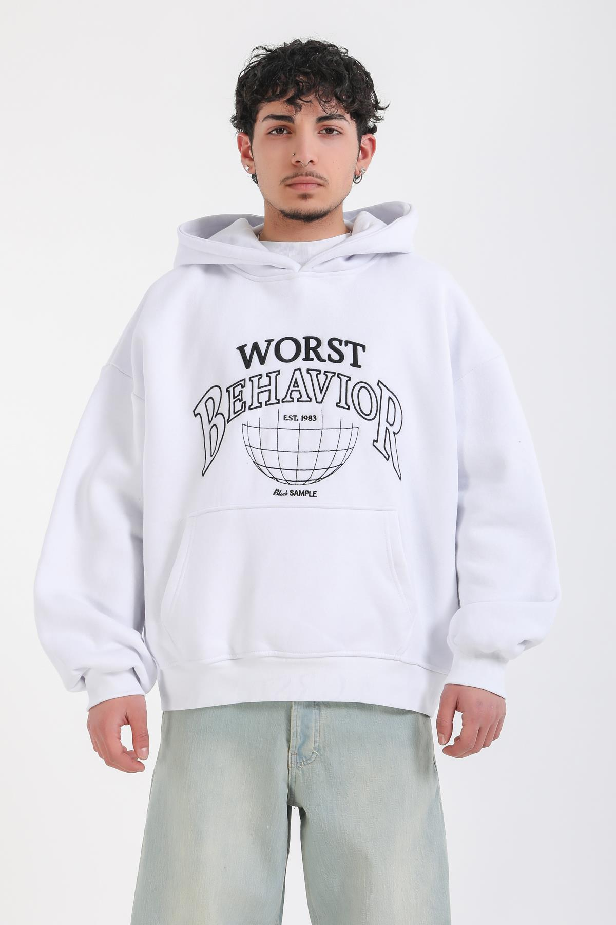 Nakışlı Beyaz Oversize Worst Hoodie