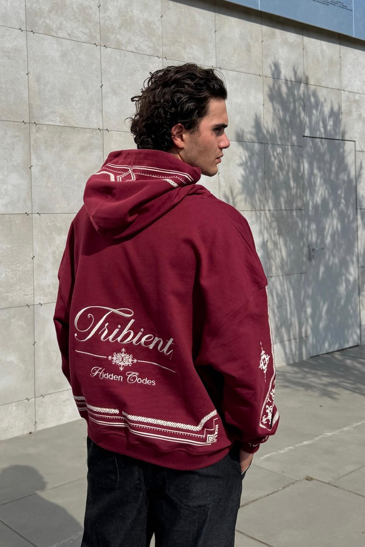 Nakışlı Etnik Desen Bordo Oversize Hoodie JC01